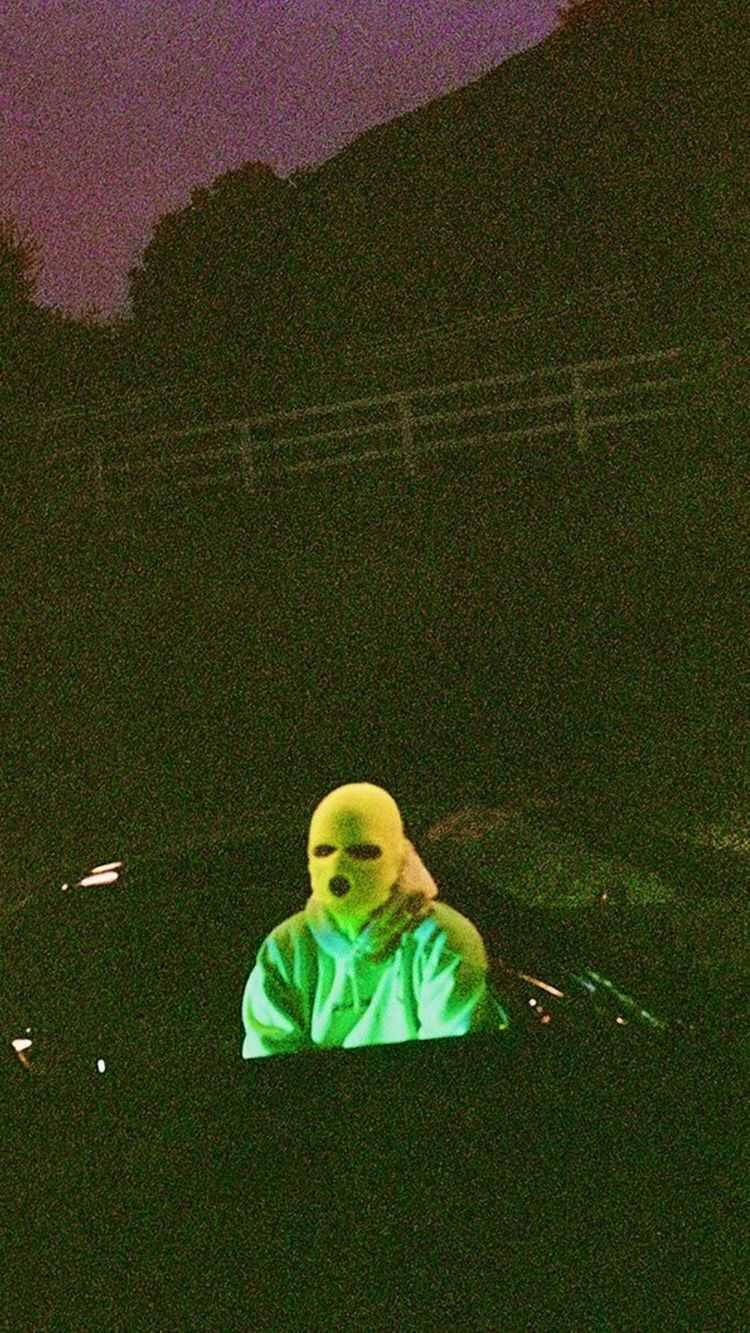 glowing green mask, dark car, purple twilight sky, HD Phone Wallpaper