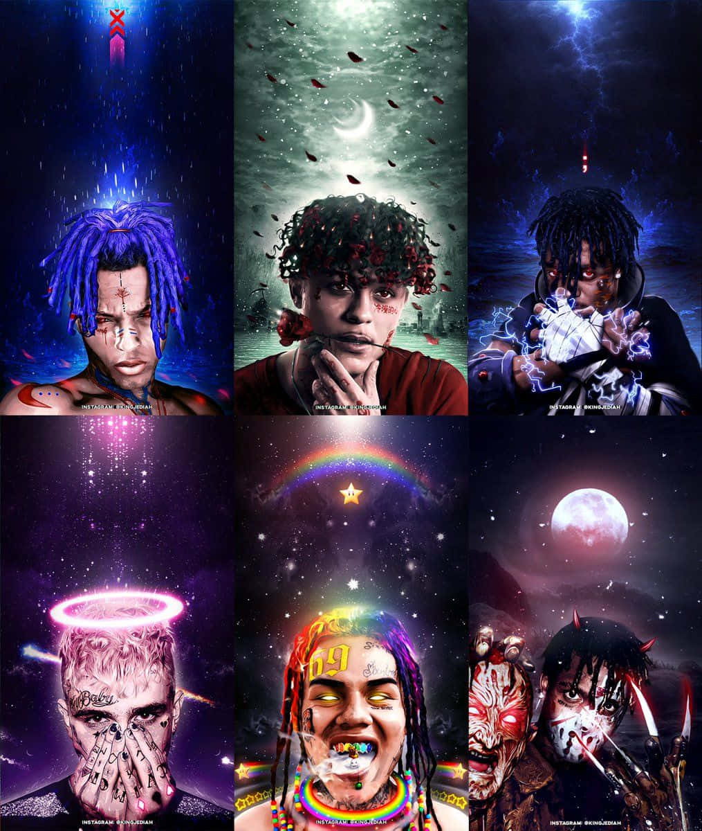 rapper collage, creative mix of different rap art, six stylized digital portraits, SD Phone Wallpaper