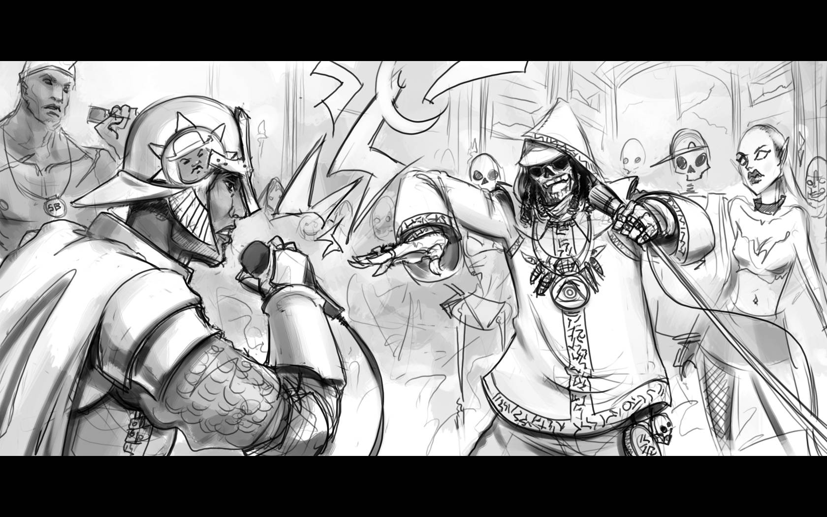 Cool Drawing Rap Battle, black and white sketch, two rappers in battle, HD Desktop Wallpaper
