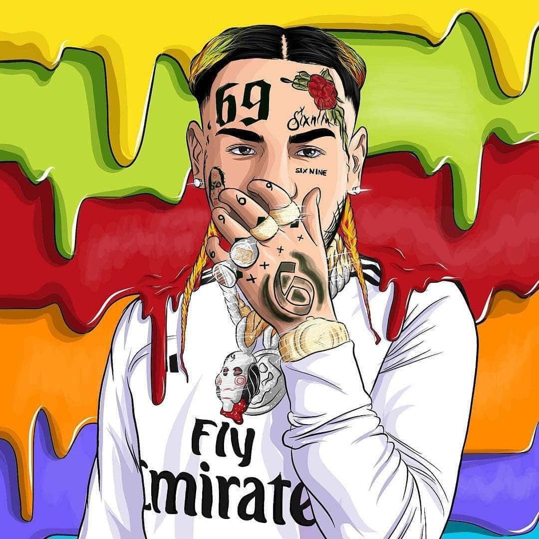 69, tattooed man, dripping rainbow background, SD Desktop Wallpaper