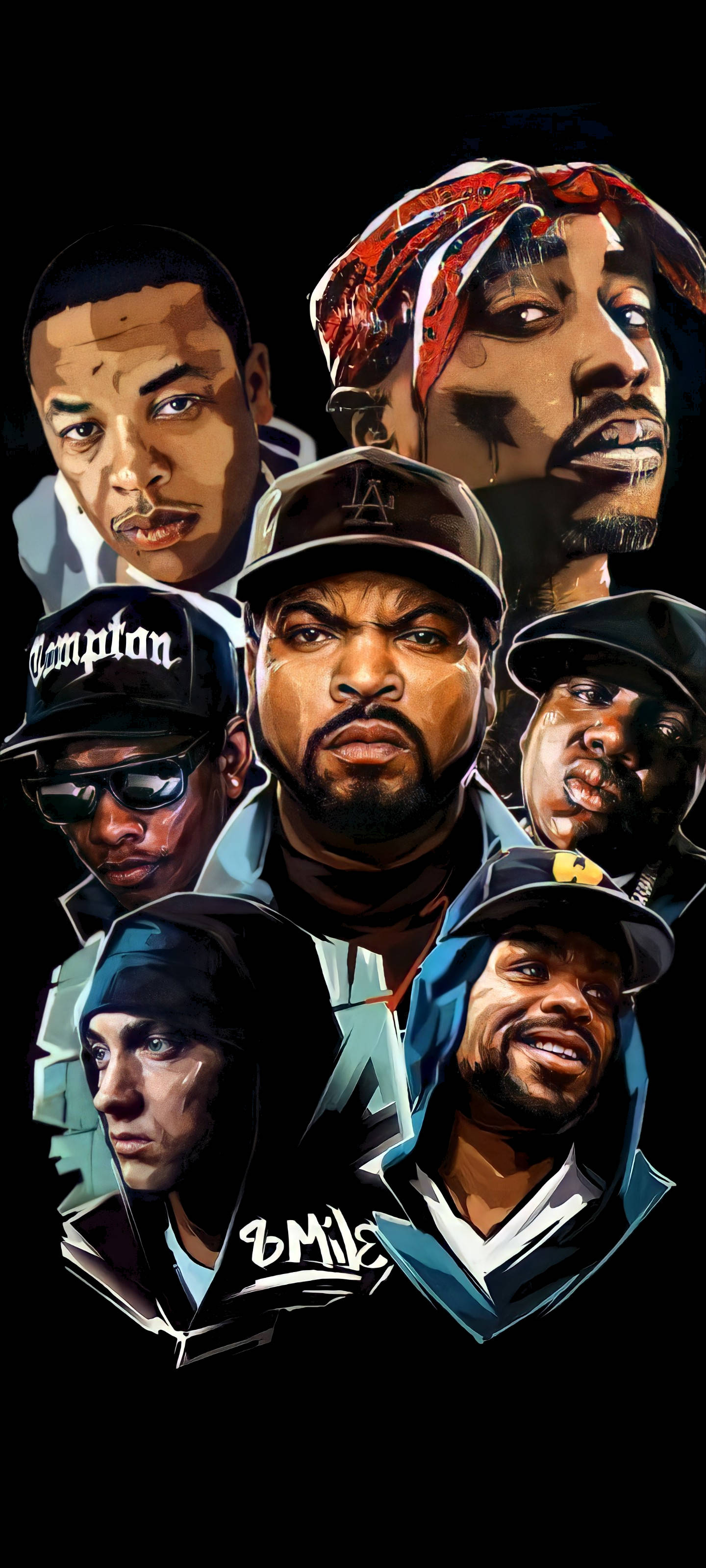 iconic hip hop artists, black background, bold outlines, 2K Phone Wallpaper