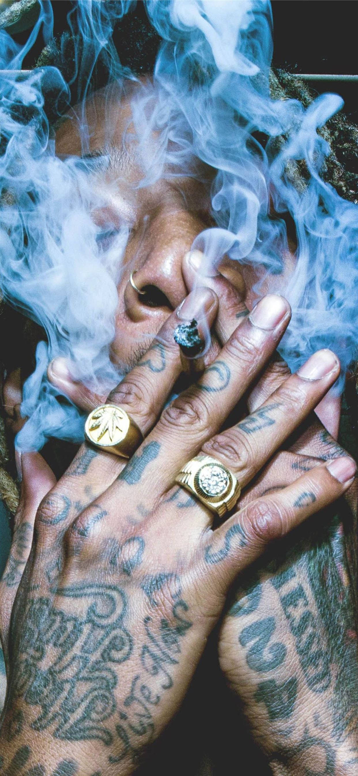 Rap Culture, blue smoke, tattooed hands, 2K Phone Wallpaper