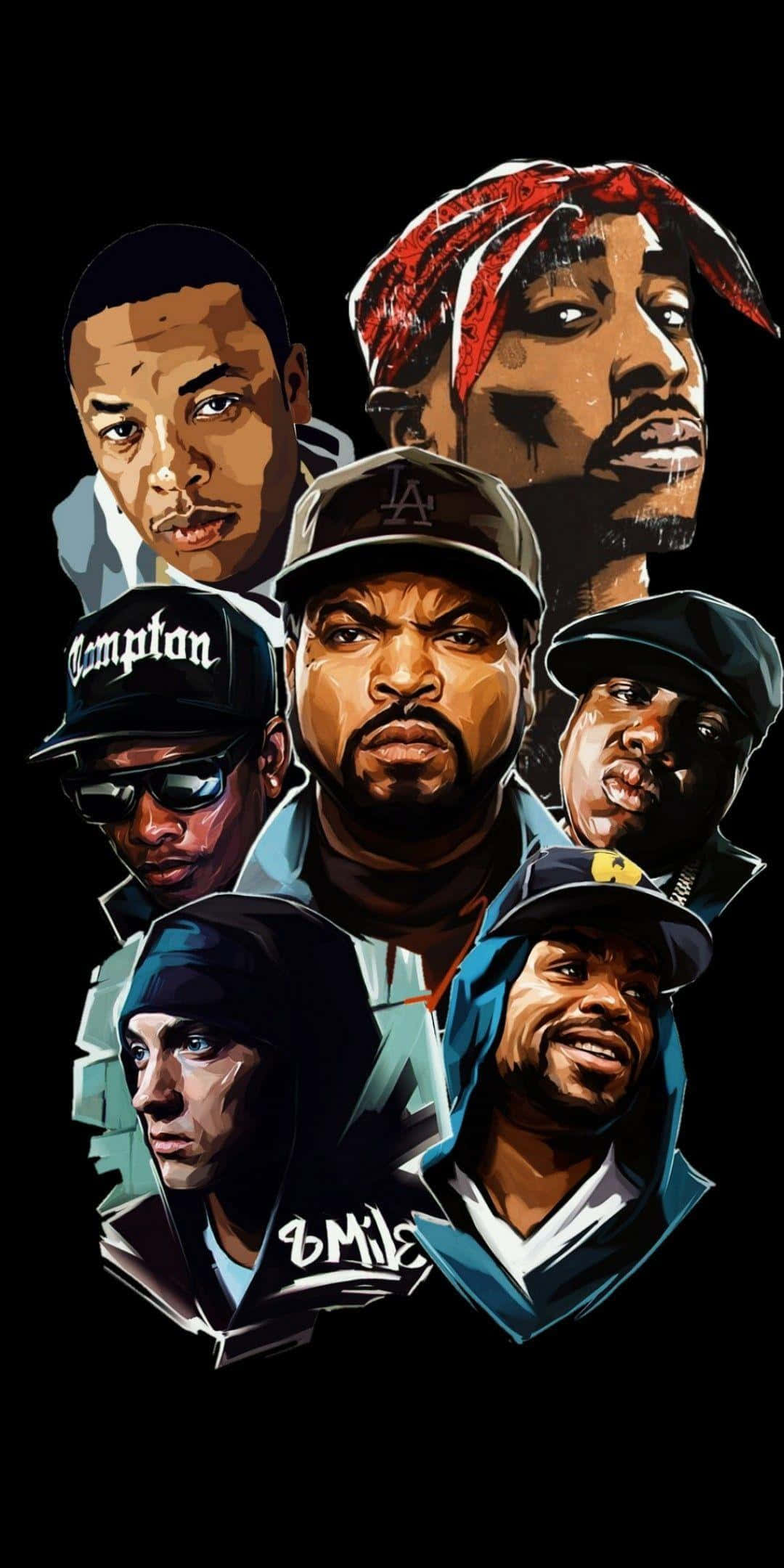 iconic hip hop artists, black background, bold colors, Full HD Phone Wallpaper