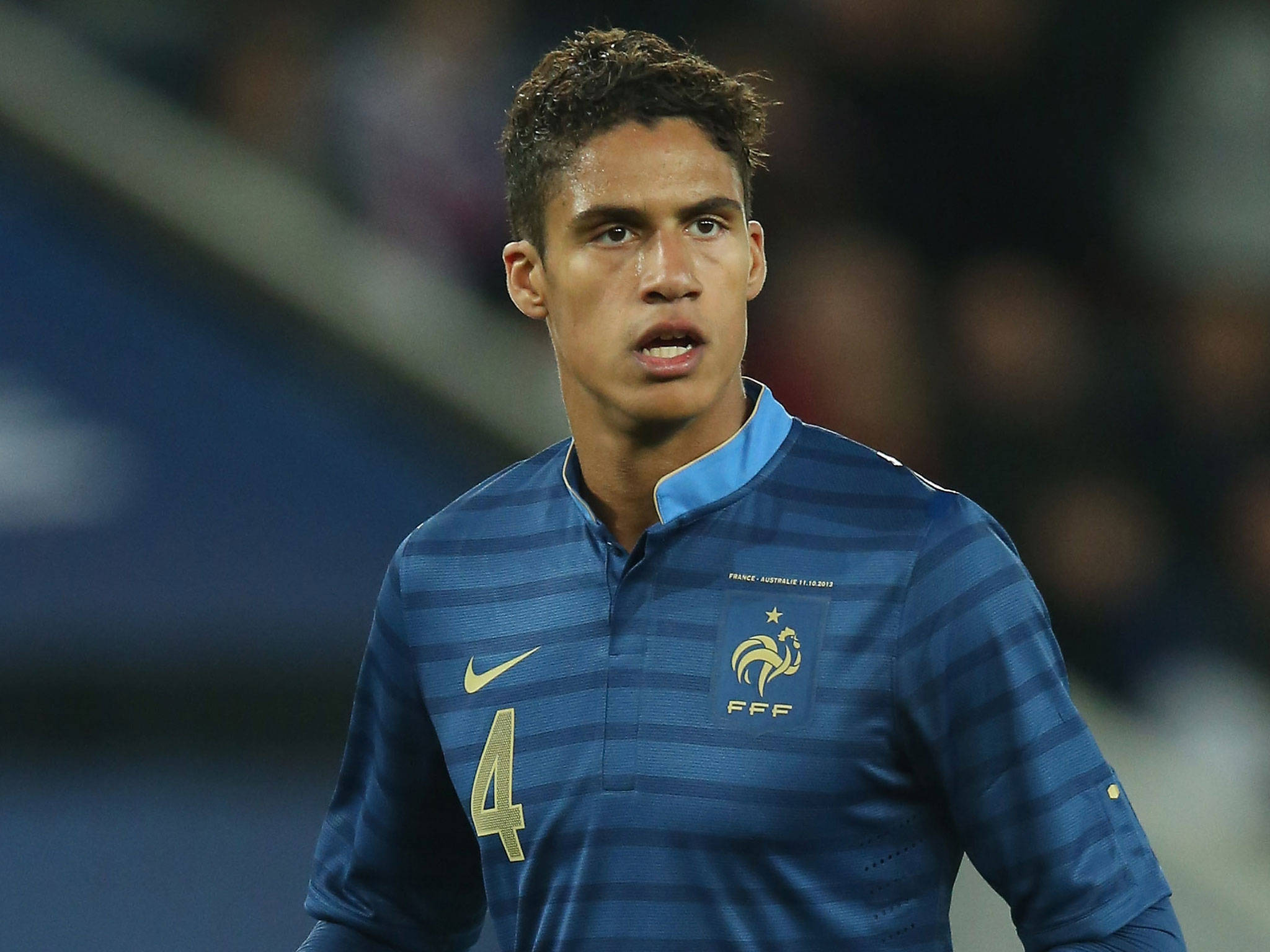 Raphael Varane, blue striped jersey, number 4, Full HD Desktop Wallpaper