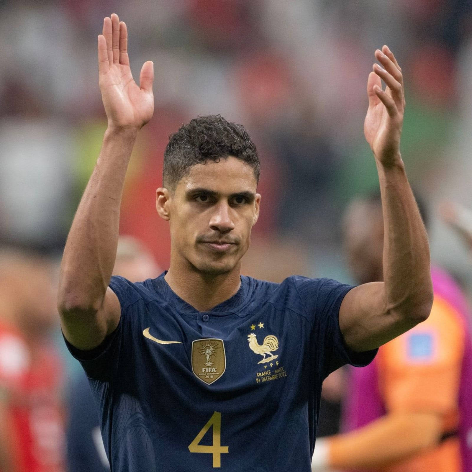 Raphael Varane, navy blue jersey, gold number four, HD Desktop Wallpaper