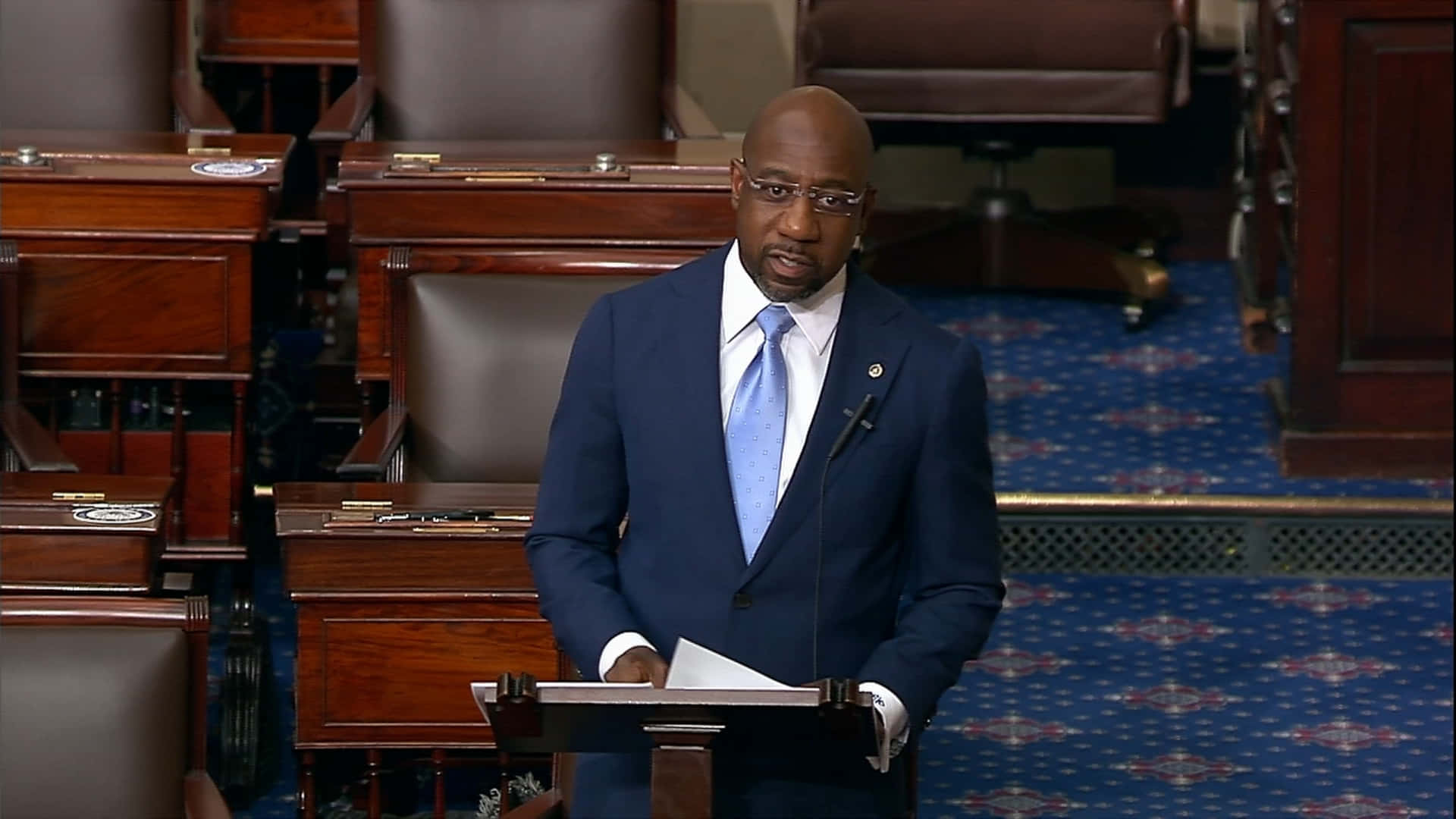 Raphael Warnock, maiden floor speech, blue suit and tie, Full HD Desktop Wallpaper