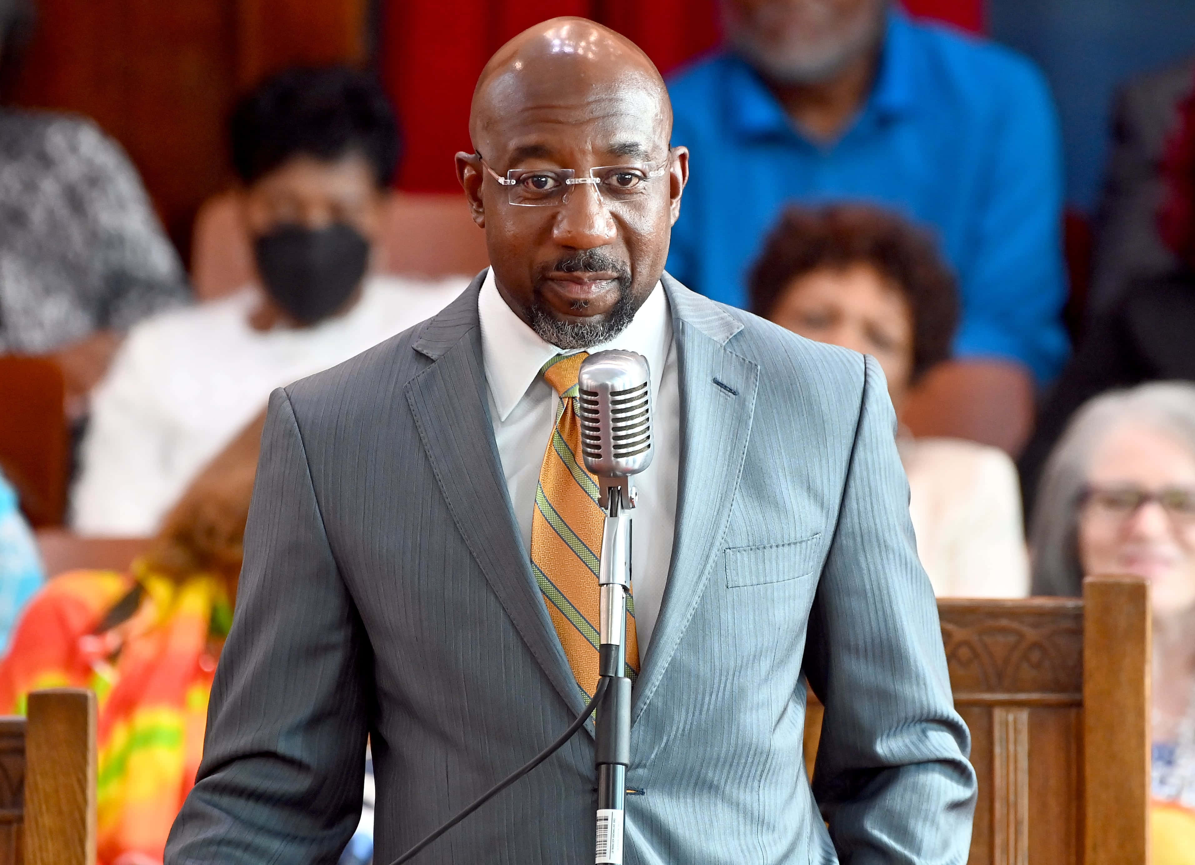 Raphael Warnock, gray suit, striped tie, 2K Desktop Wallpaper