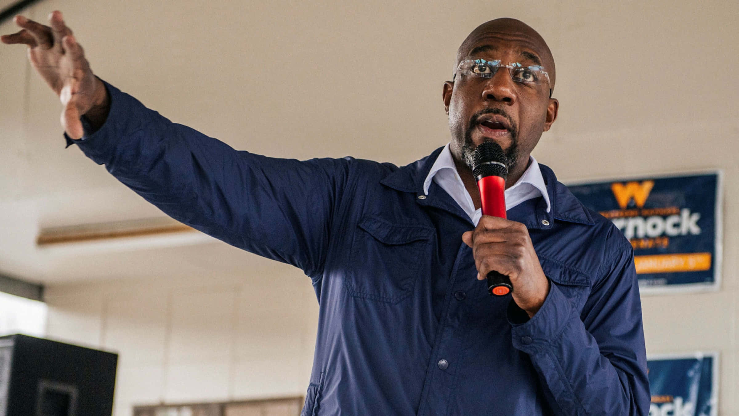 Raphael Warnock, red microphone, glasses, Full HD Desktop Wallpaper