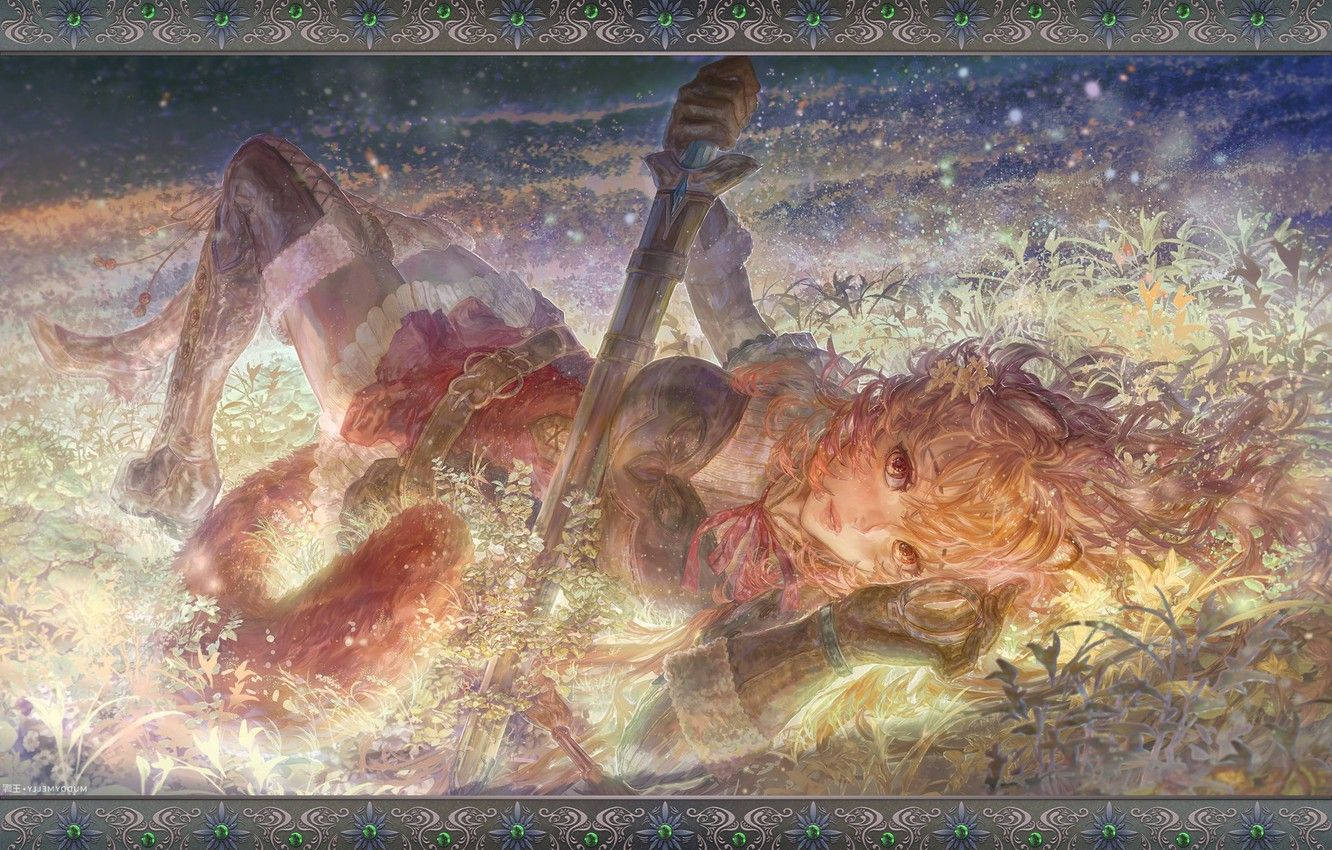 Raphtalia, glowing flowers, starry twilight sky, HD Desktop Wallpaper