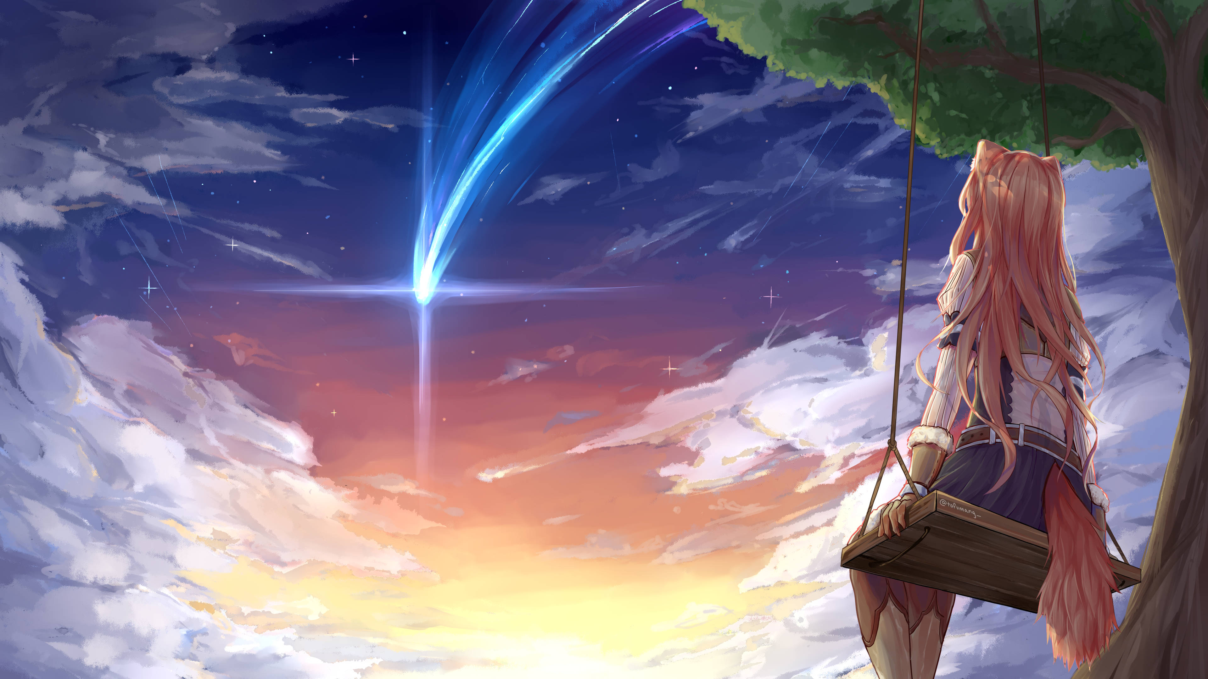 Raphtalia, pink-haired anime girl, tree swing, 4K Desktop Wallpaper
