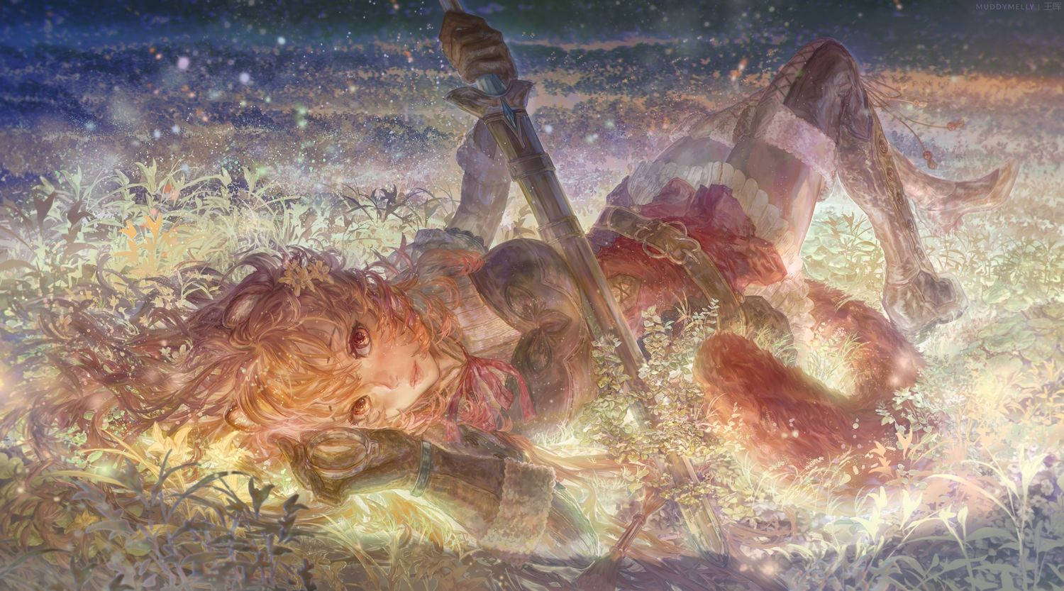 Raphtalia, flowing red hair, glowing flowers, HD Desktop Wallpaper