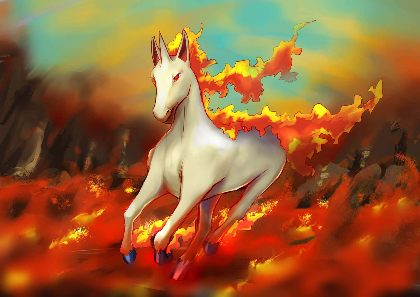 Rapidash, fiery orange mane, volcanic landscape, HD Desktop Wallpaper