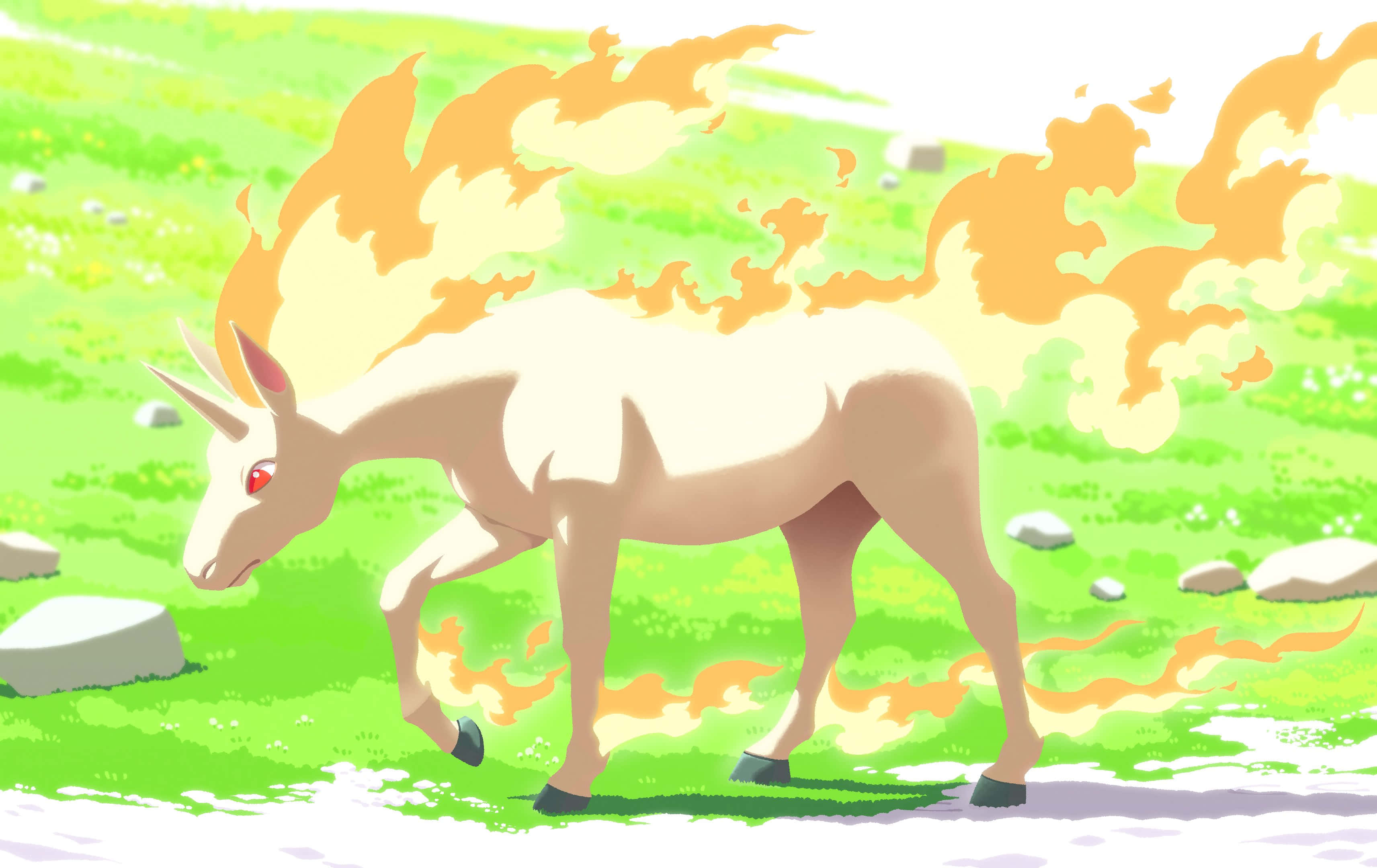 Rapidash, flaming, meadow, 2K Desktop Wallpaper