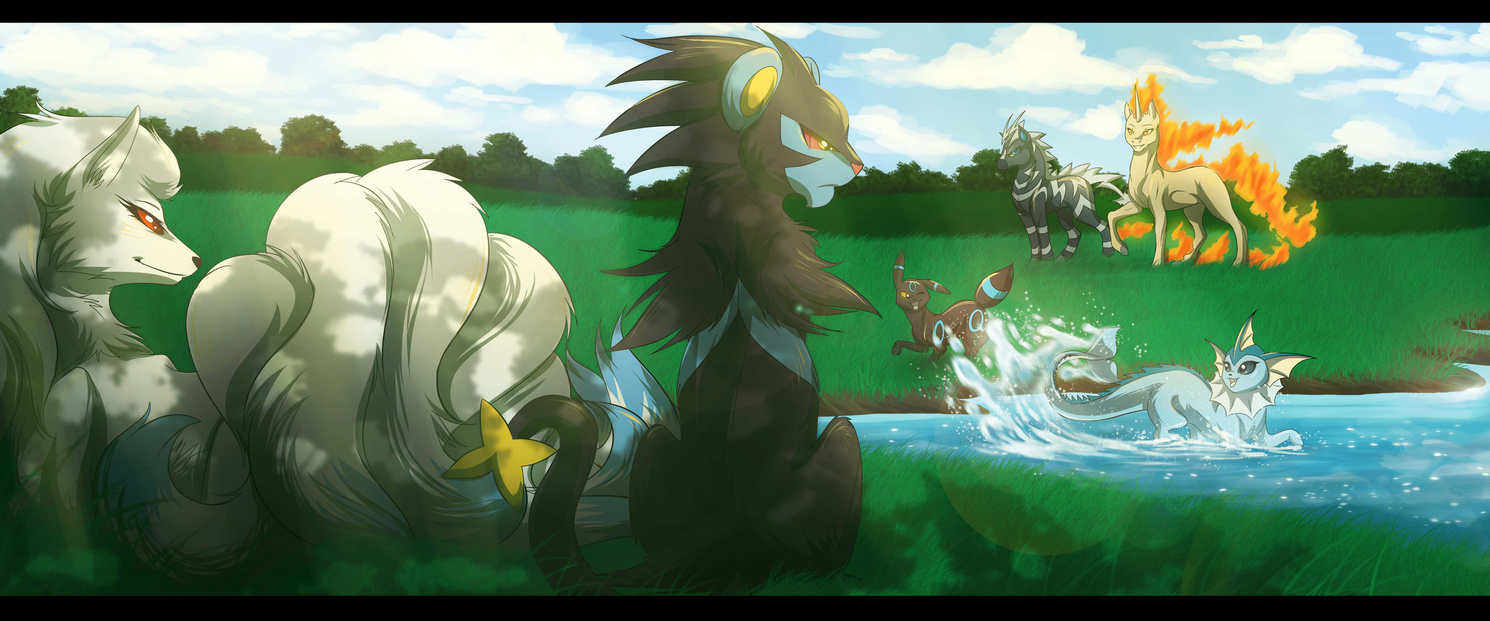 Rapidash, anime-style, river, 4K Desktop Wallpaper