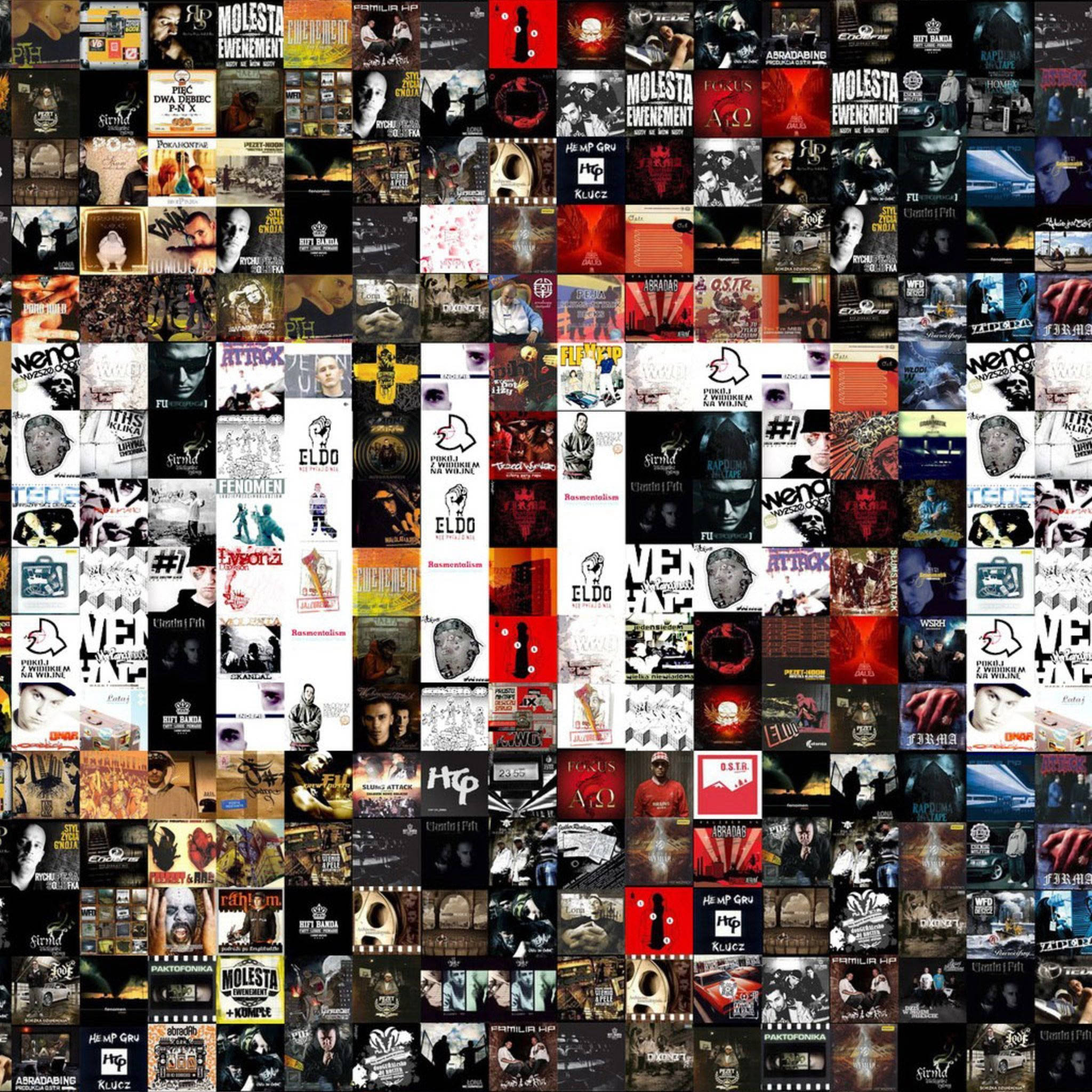 Hip Hop Album Covers Collage, gritty urban portraits, bold typography, Full HD Desktop Wallpaper
