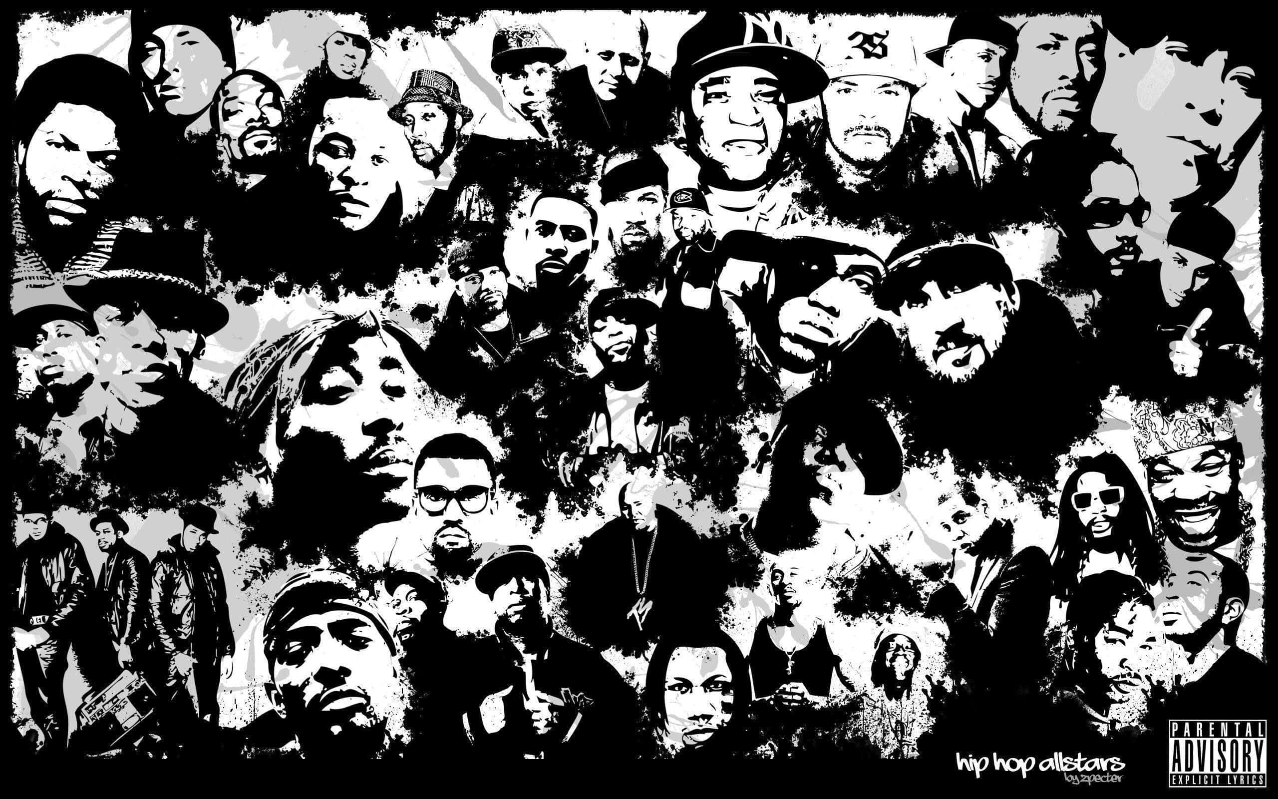 black and white photo, iconic hip hop artists, gritty textures, 2K Desktop Wallpaper