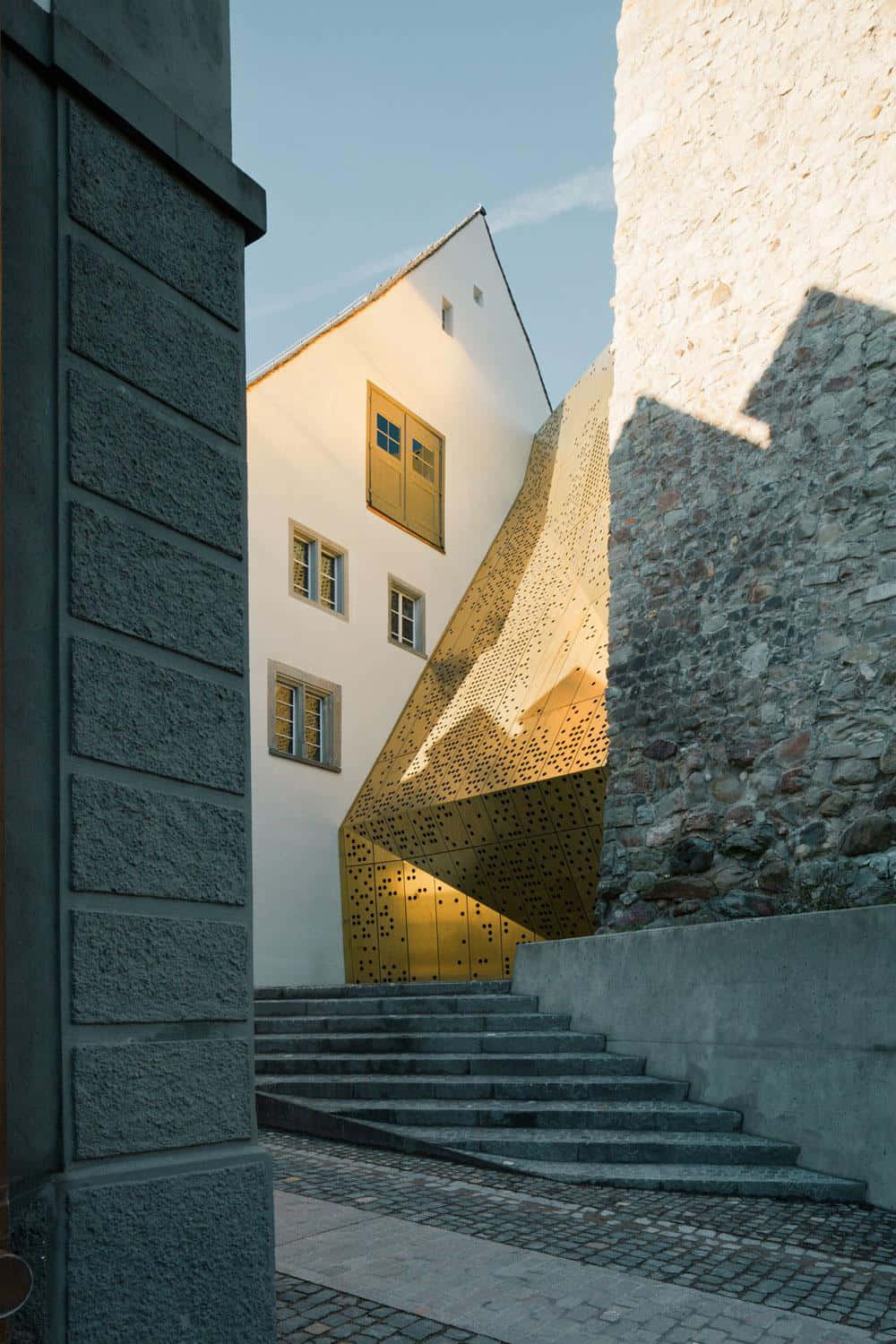 Rapperswil Jona, modern golden perforated wall, ancient stone buildings, HD Phone Wallpaper