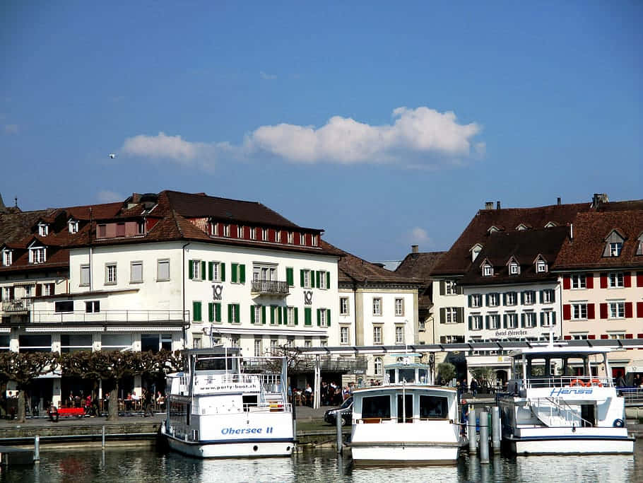 Rapperswil-Jona, white boats, serene lakeside town, SD Desktop Wallpaper