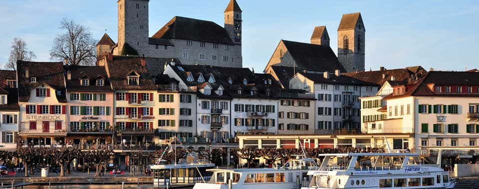 Rapperswil-Jona, historic European riverside town, stone towers, SD Desktop Wallpaper