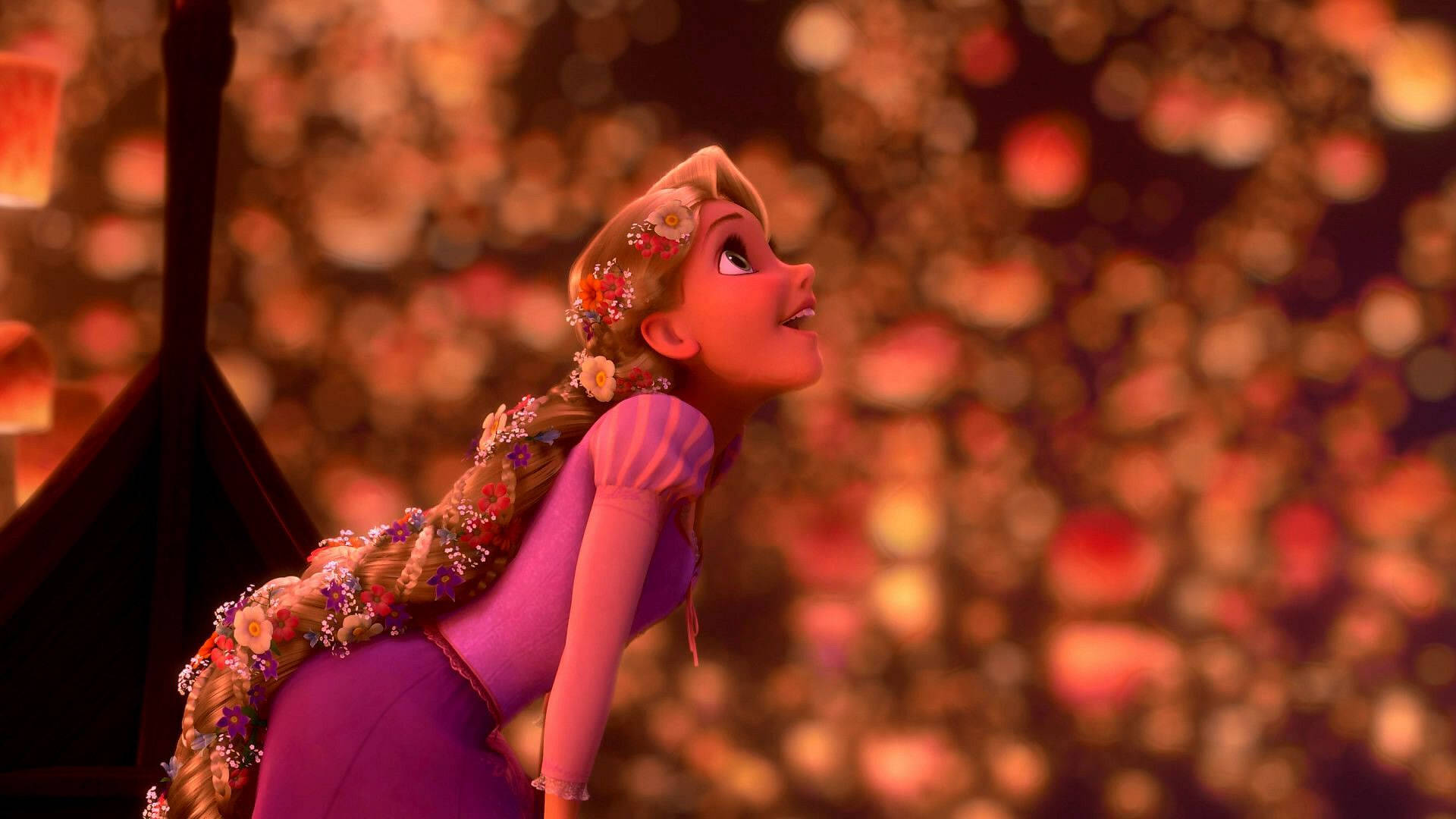 Rapunzel, glowing lanterns, warm golden haze, Full HD Desktop Wallpaper