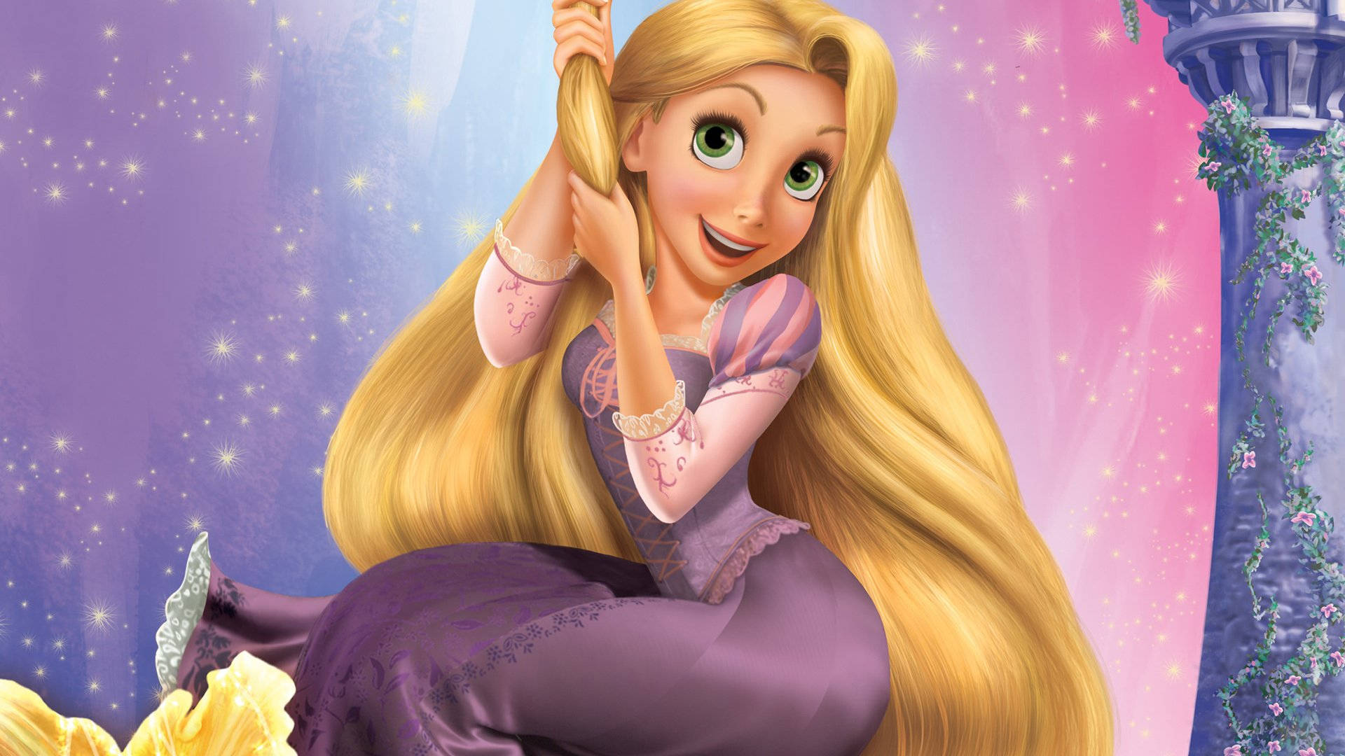 Rapunzel, golden hair, purple tower, Full HD Desktop Wallpaper