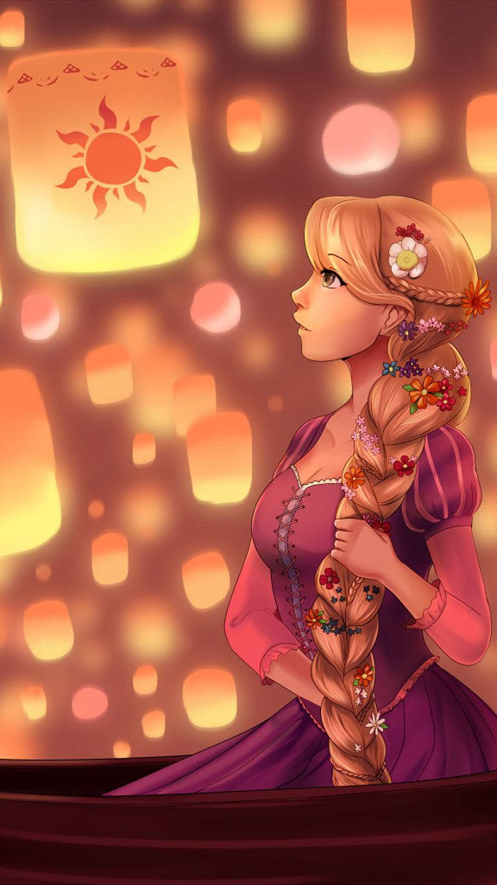 Rapunzel, flower-adorned braid, glowing sky lanterns, HD Phone Wallpaper