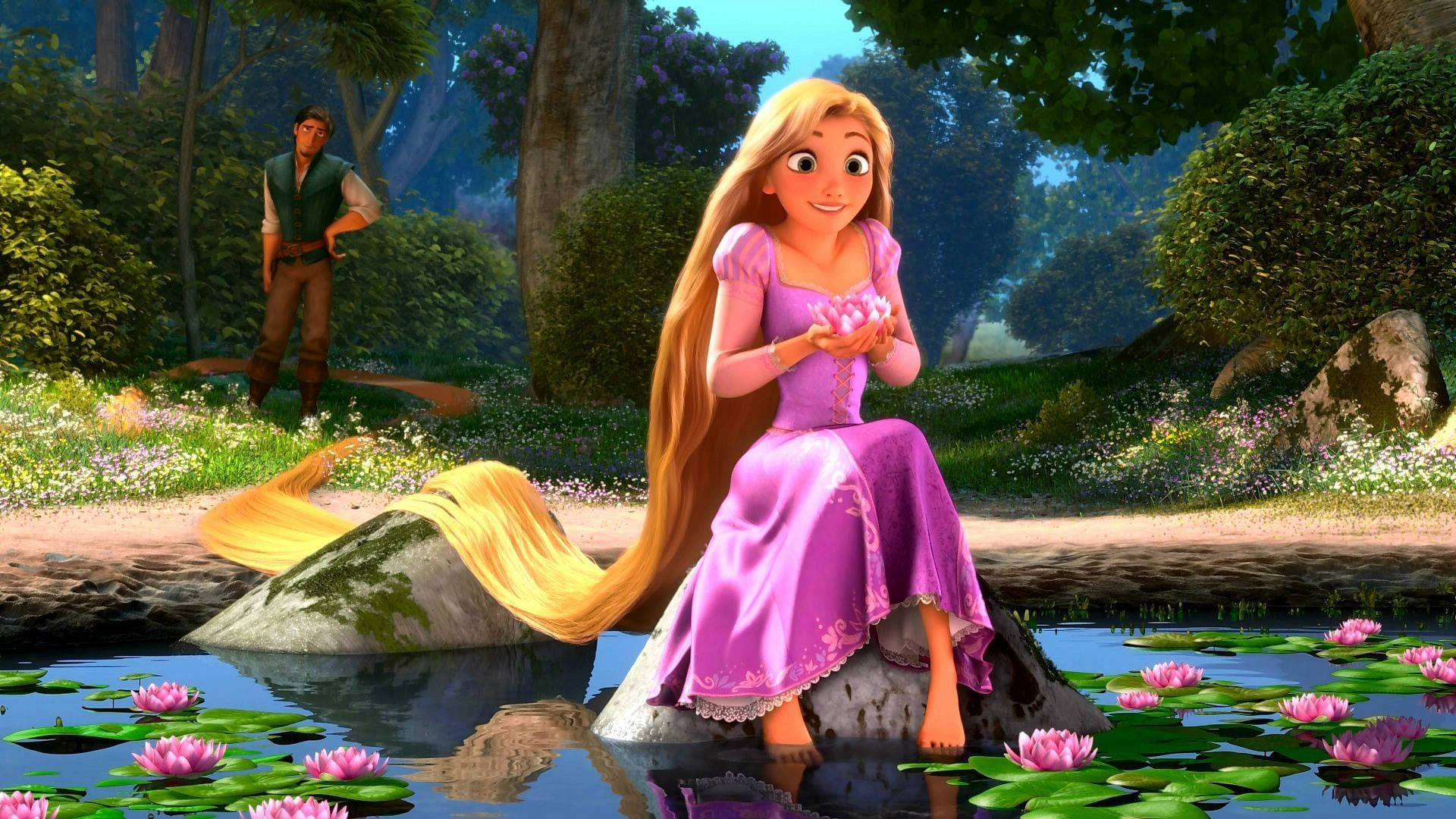 Rapunzel, purple gown, mossy rock, Full HD Desktop Wallpaper