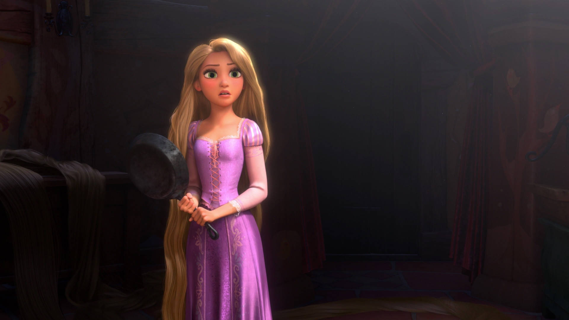 Rapunzel, purple gown, frying pan, Full HD Desktop Wallpaper
