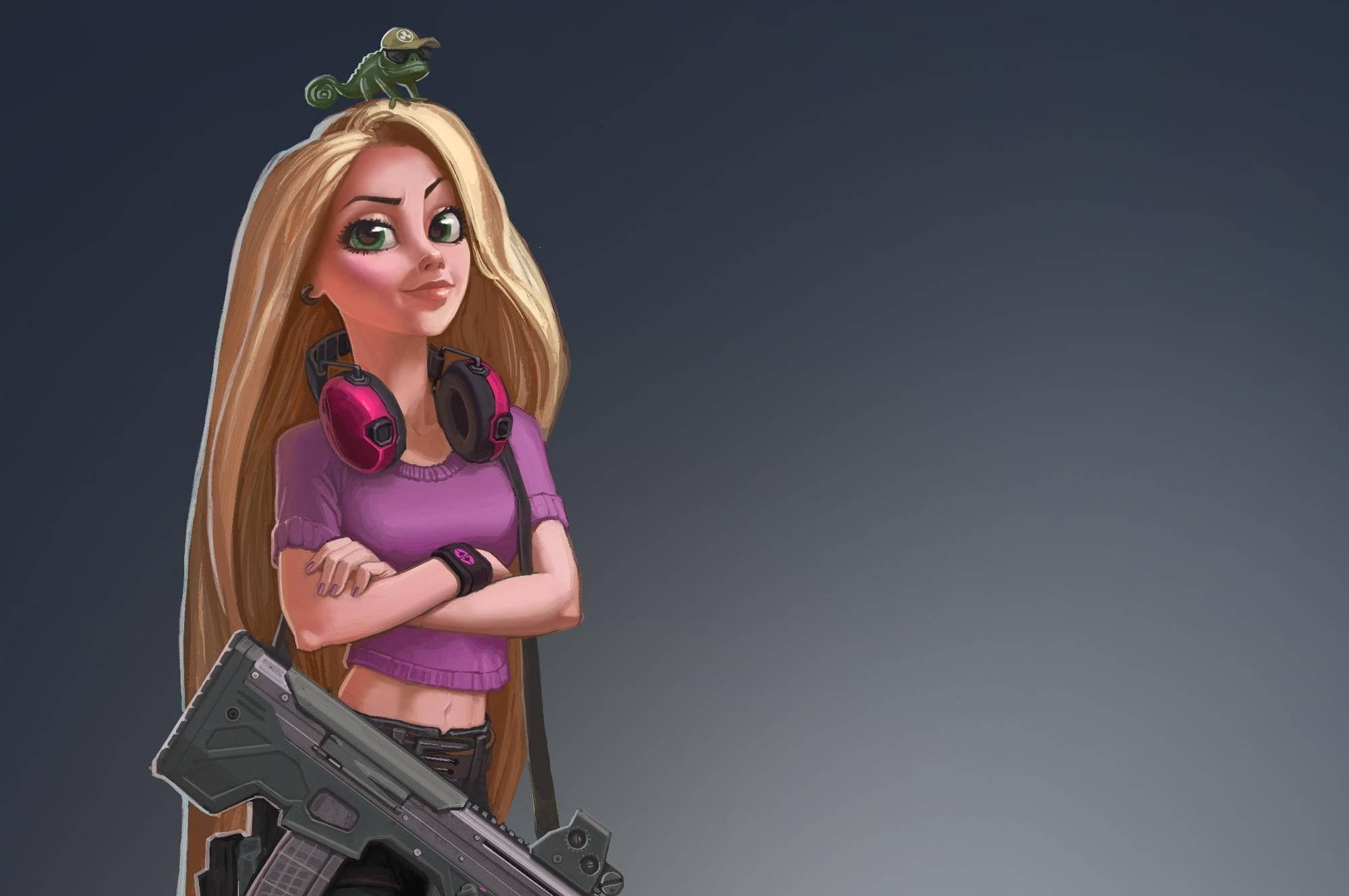 Rapunzel, long blonde hair, pink headphones, Full HD Desktop Wallpaper