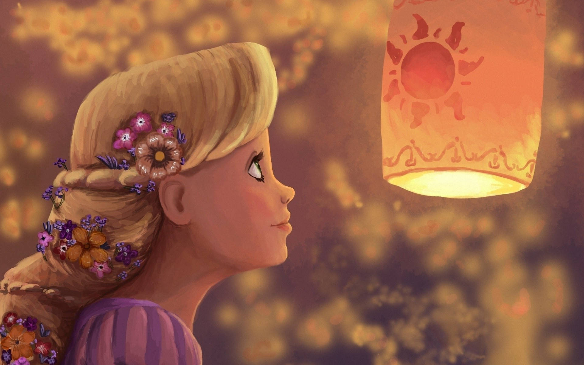 Rapunzel, floating lanterns, floral braids, Full HD Desktop Wallpaper