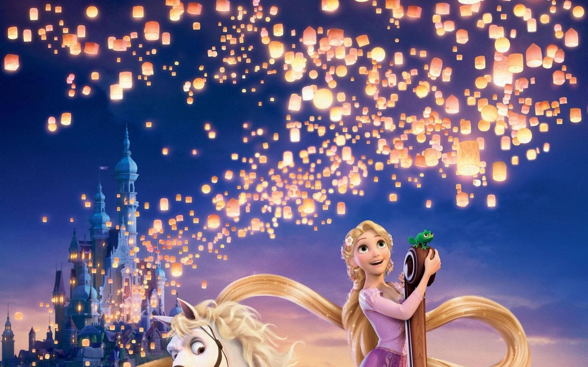 Rapunzel, horse, glowing lanterns, Full HD Desktop Wallpaper