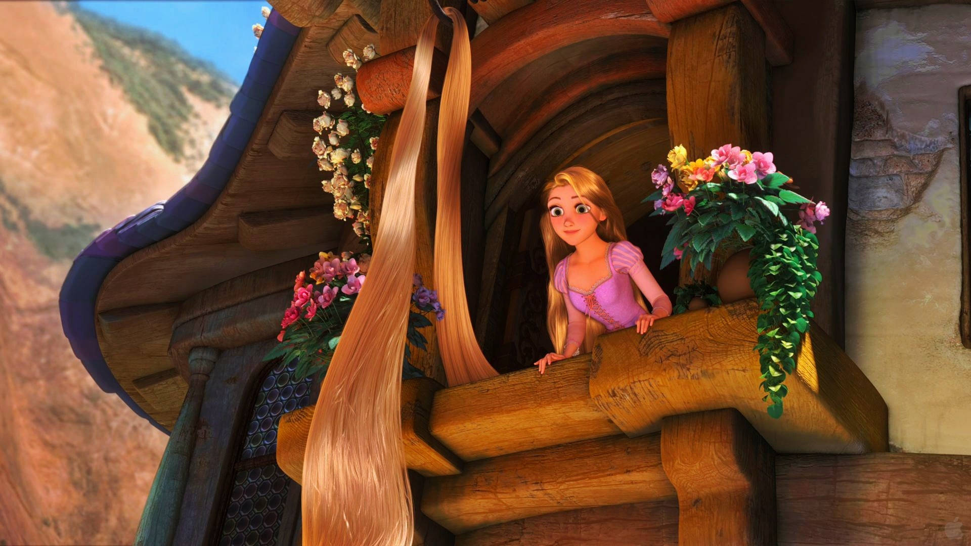 Rapunzel, tower window, golden hair, Full HD Desktop Wallpaper