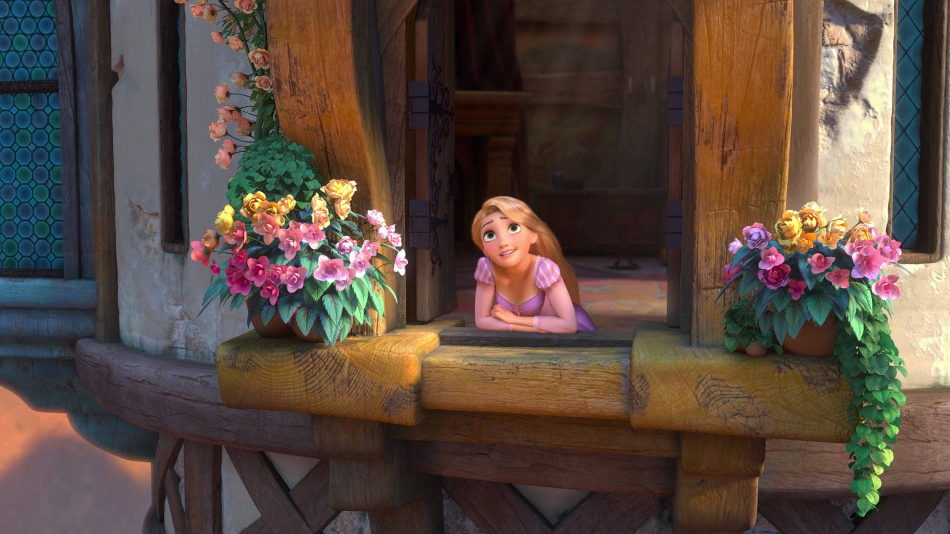 Rapunzel, rustic wooden window, vibrant potted flowers, Full HD Desktop Wallpaper