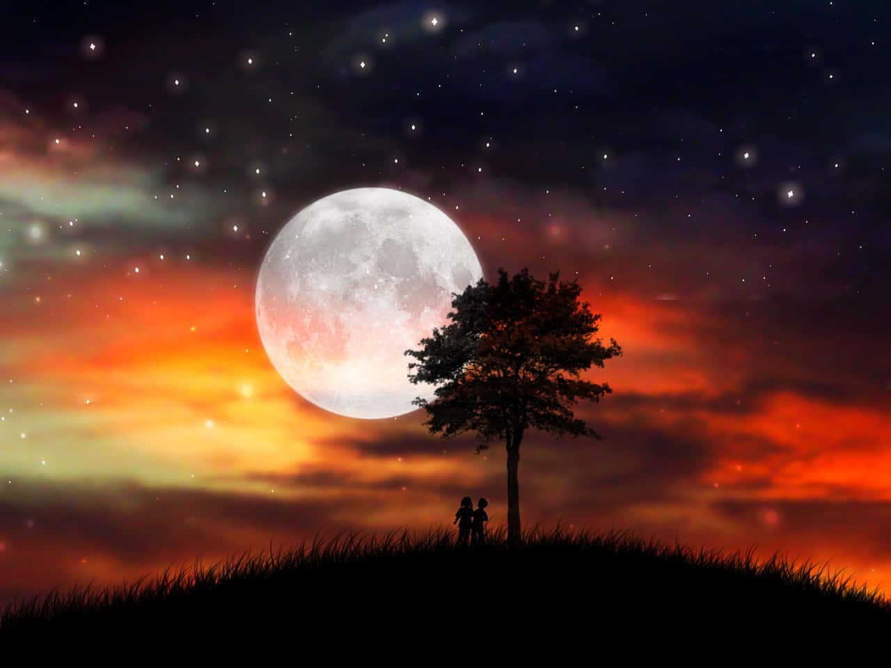 Rare Moon, glowing moon, starry twilight sky, HD Desktop Wallpaper