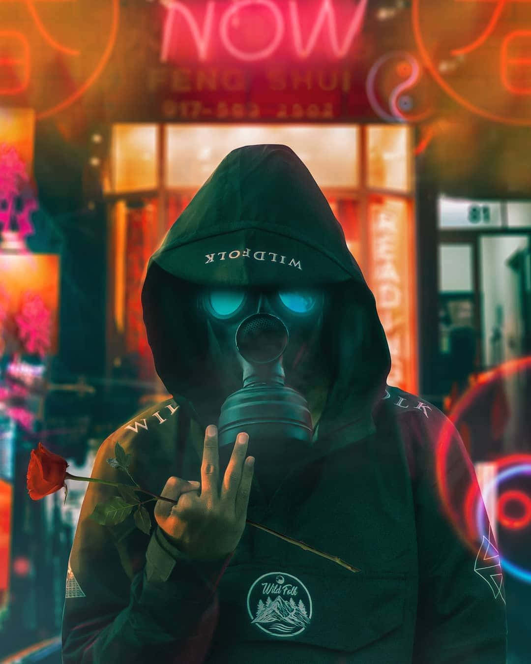 gas mask, hooded figure, red rose, HD Phone Wallpaper
