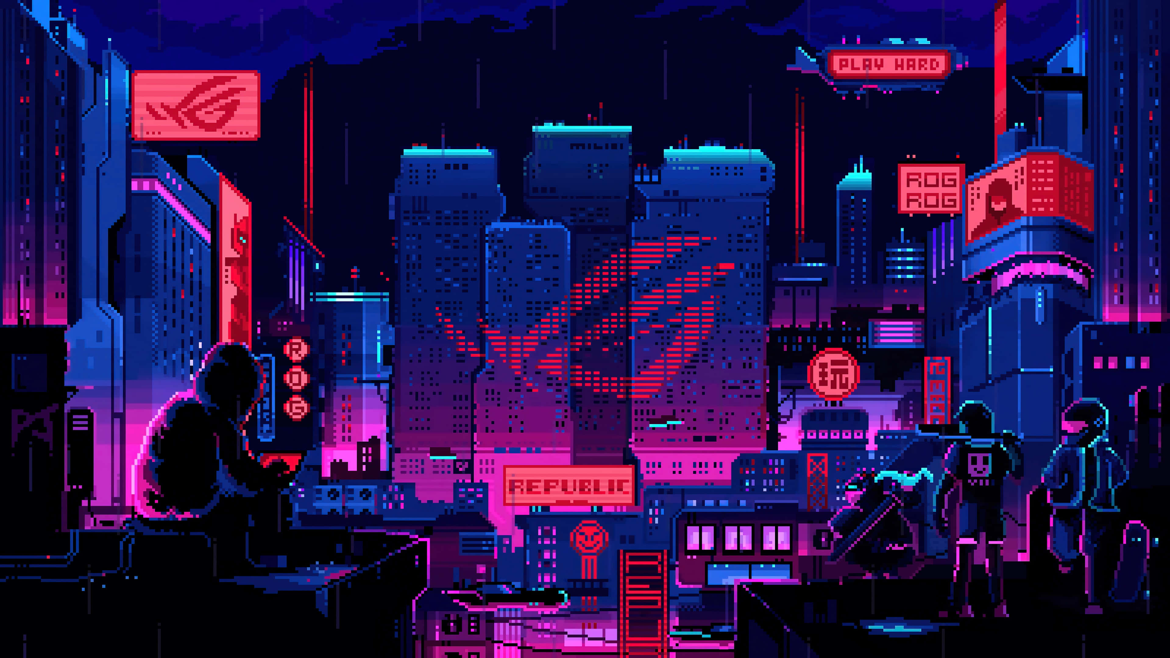 8-bit art, pixel-art cityscape, neon signs, 4K Desktop Wallpaper