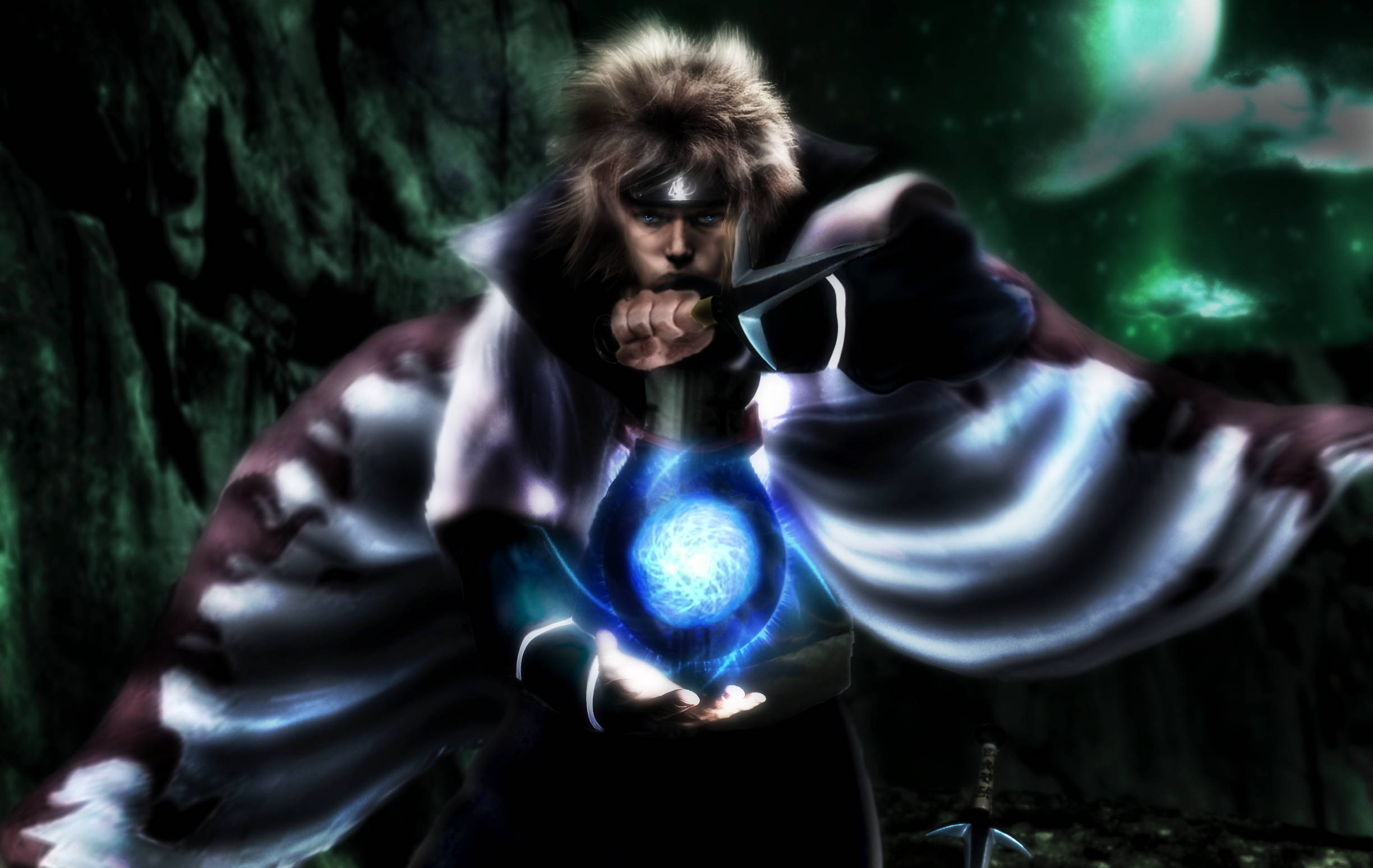 Rasengan, glowing blue orb of energy, dark green cavern, Full HD Desktop Wallpaper