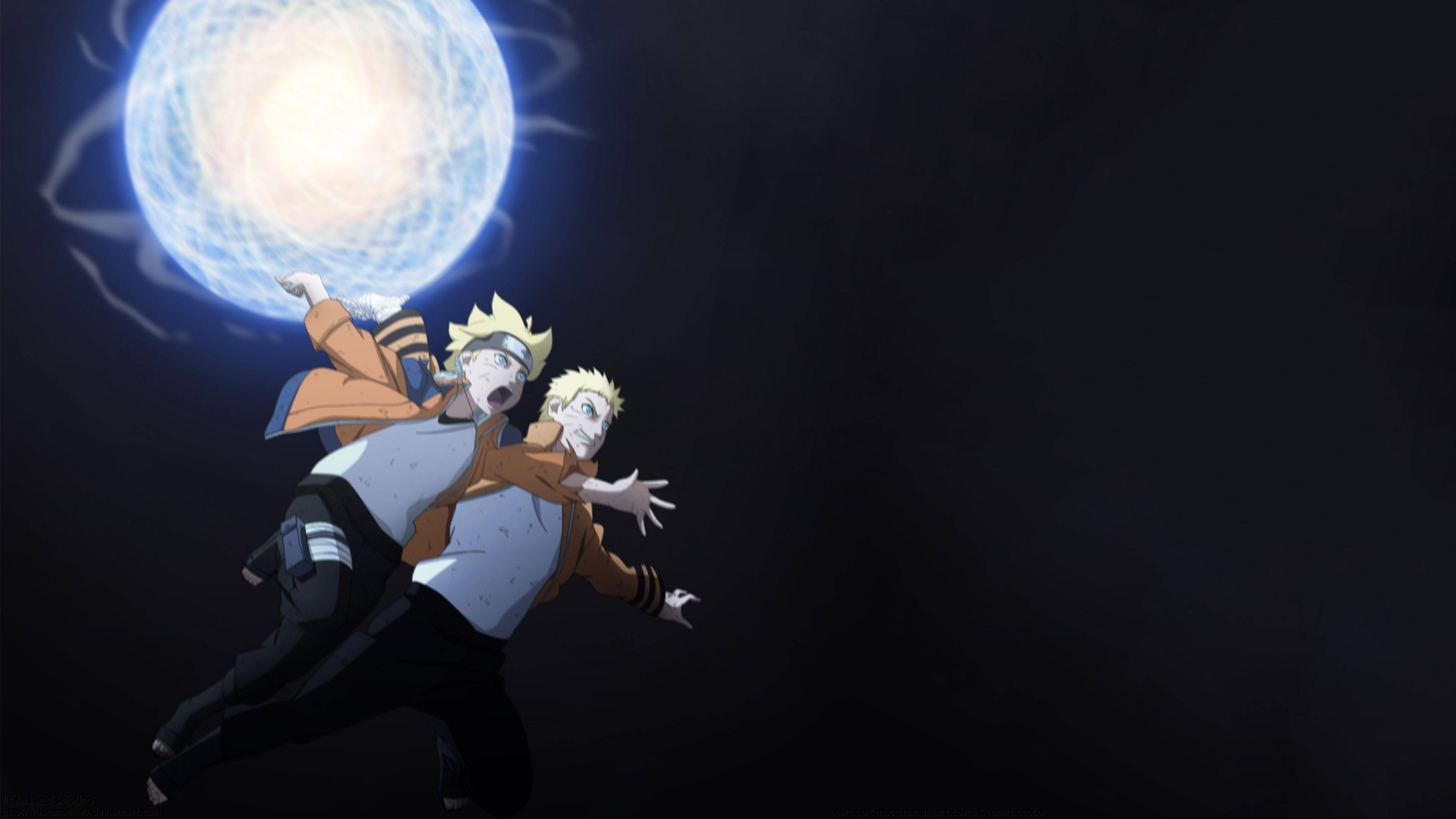 Rasengan, glowing blue sphere of energy, orange jackets, 4K Desktop Wallpaper