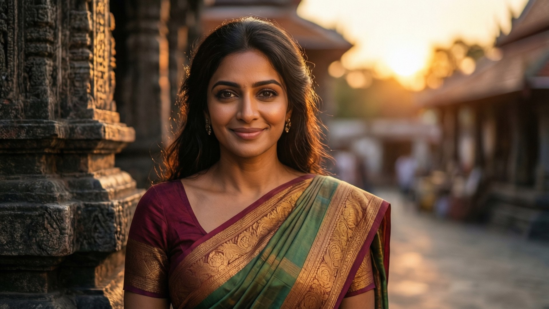 Rashmika Mandanna, silk saree, sunset, Full HD Desktop Wallpaper