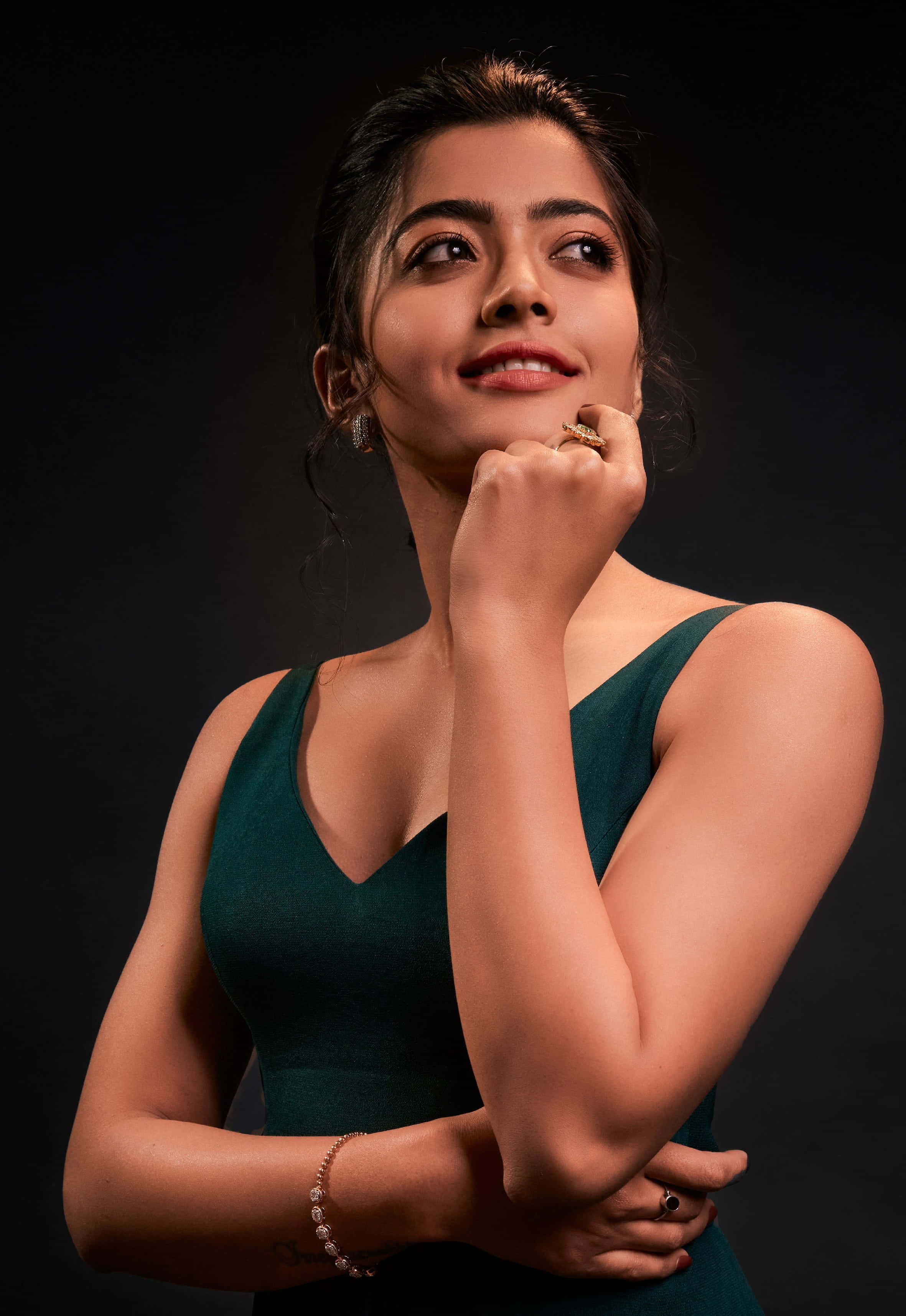Rashmika Mandanna, dark green dress, thoughtful smile, 2K Phone Wallpaper