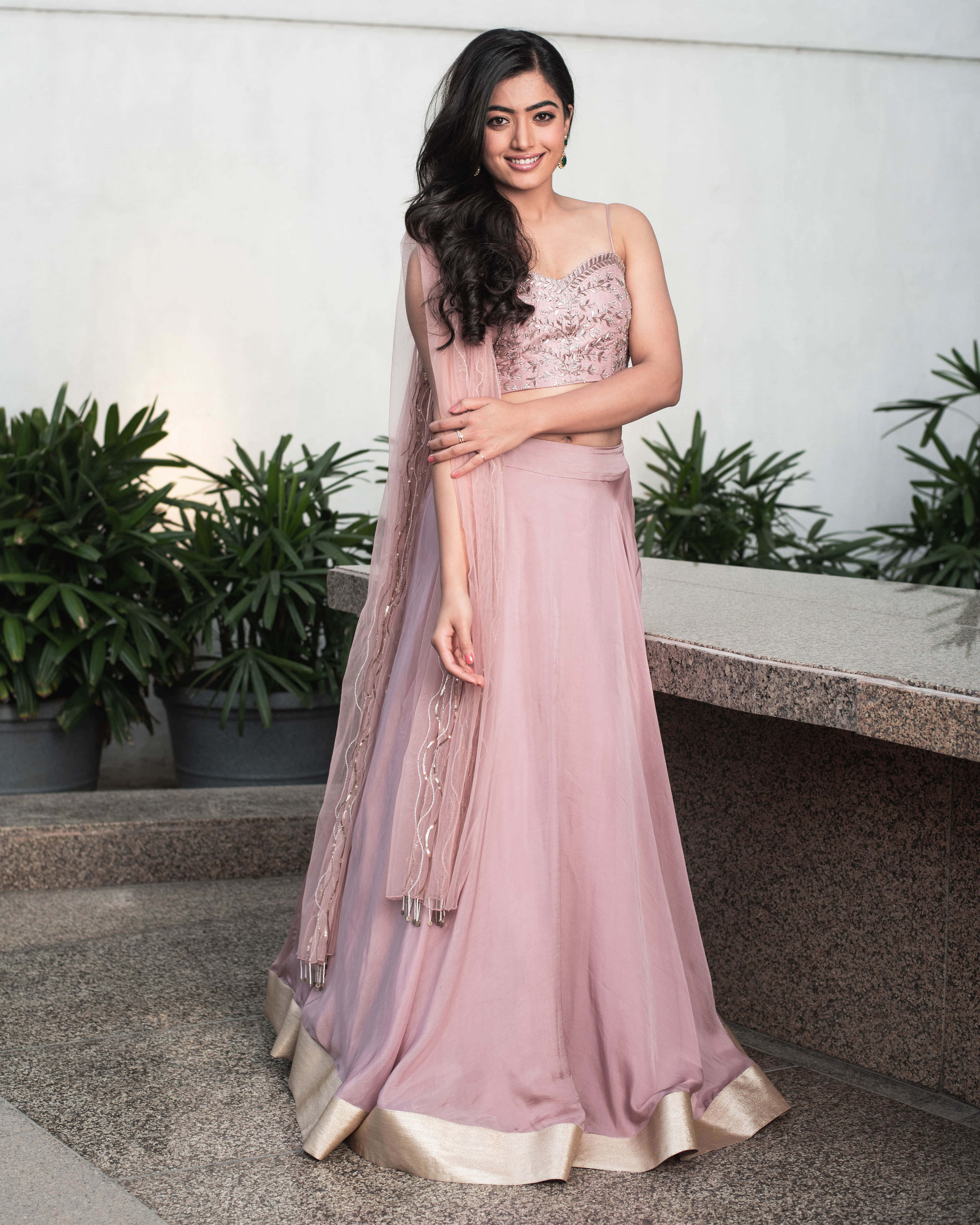 Rashmika Mandanna, pink lehenga, gold trim, 4K Phone Wallpaper