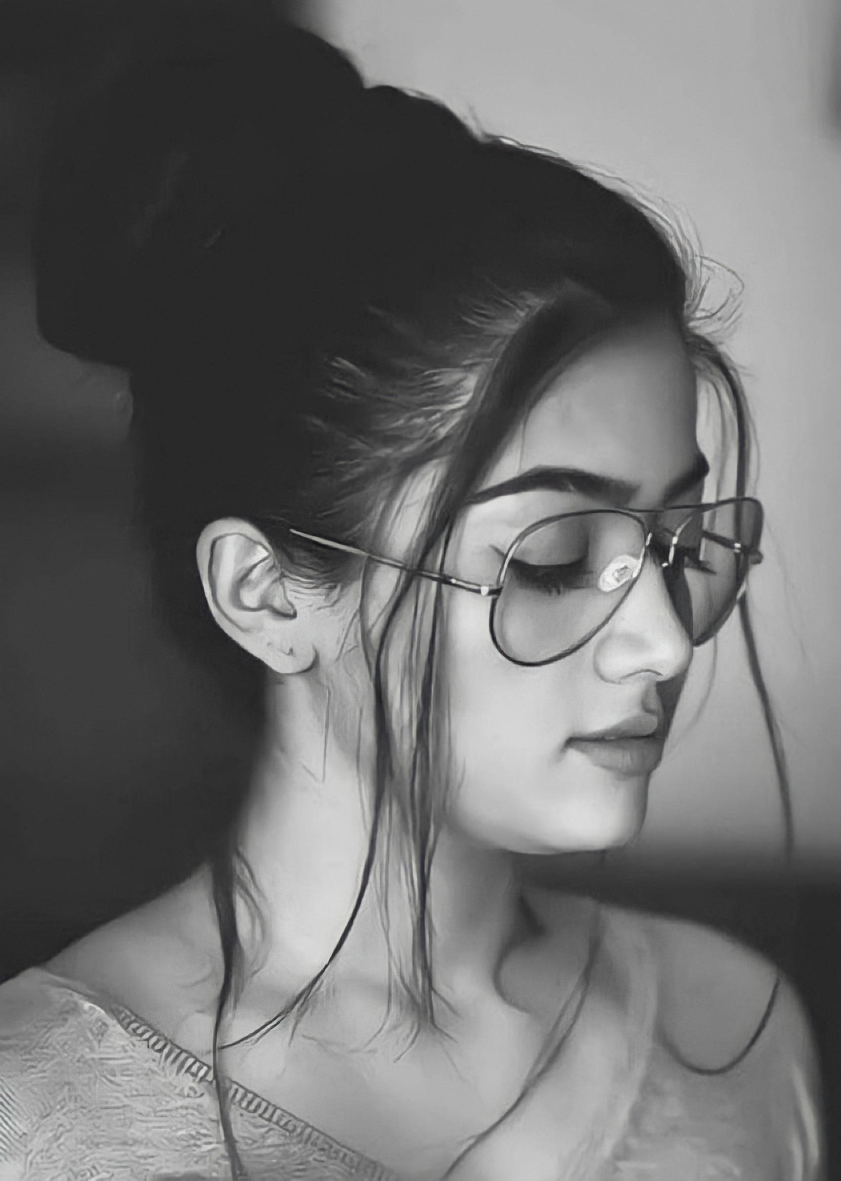 Rashmika Mandanna, black and white portrait, glasses, Full HD Phone Wallpaper