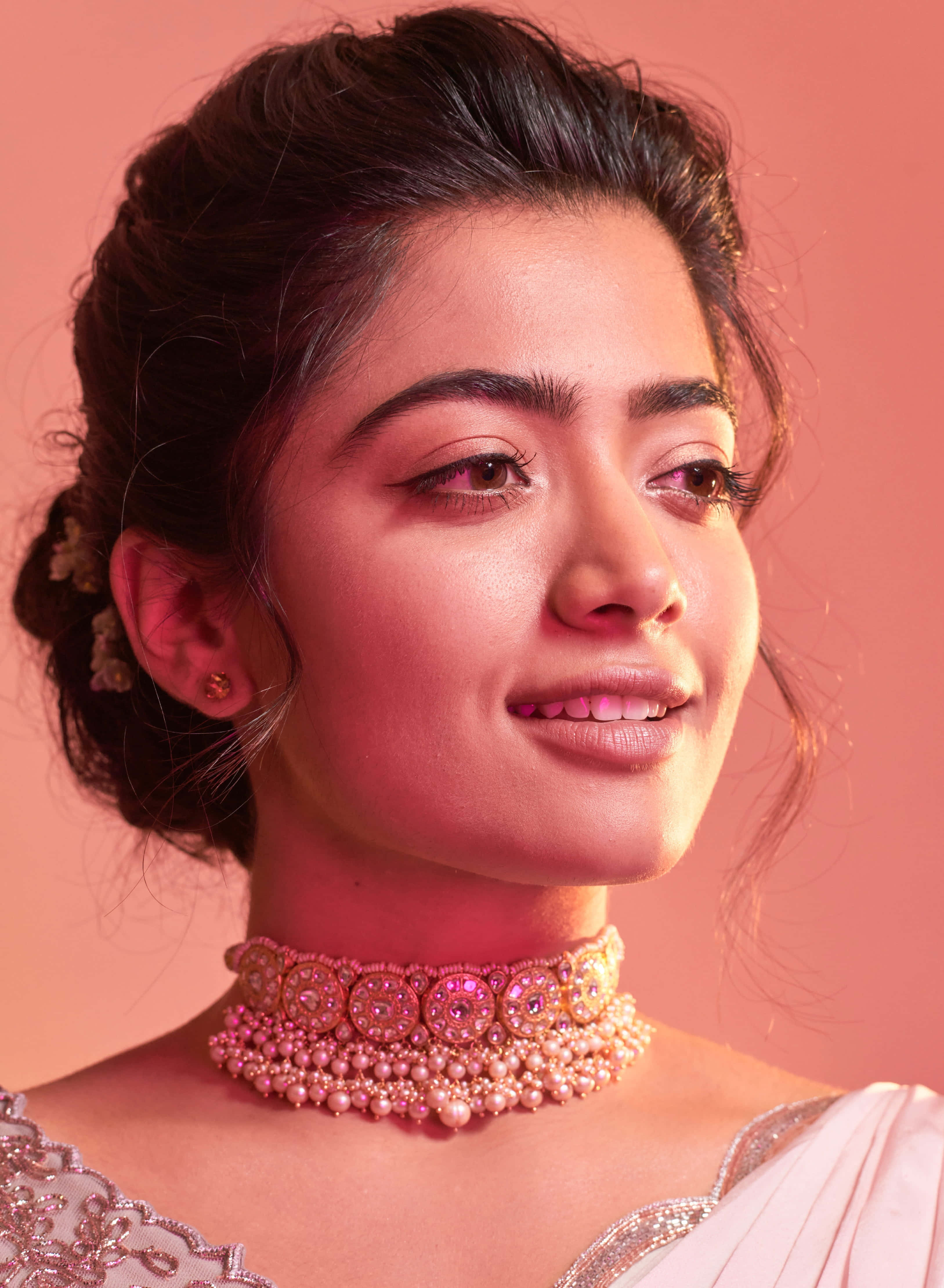Rashmika Mandanna, dark hair, updo, 4K Phone Wallpaper