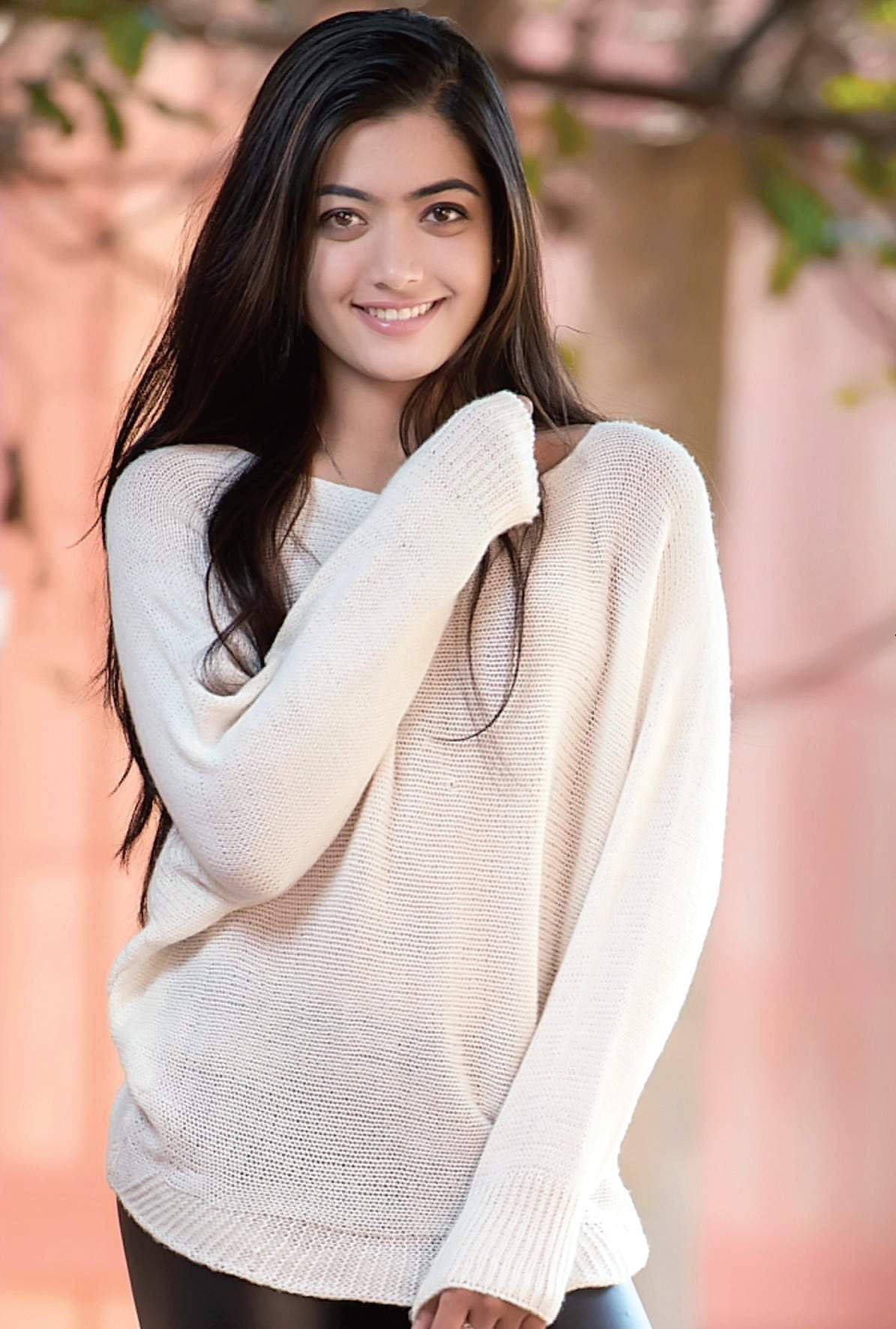Rashmika Mandanna, long dark hair, off-shoulder cream sweater, HD Phone Wallpaper