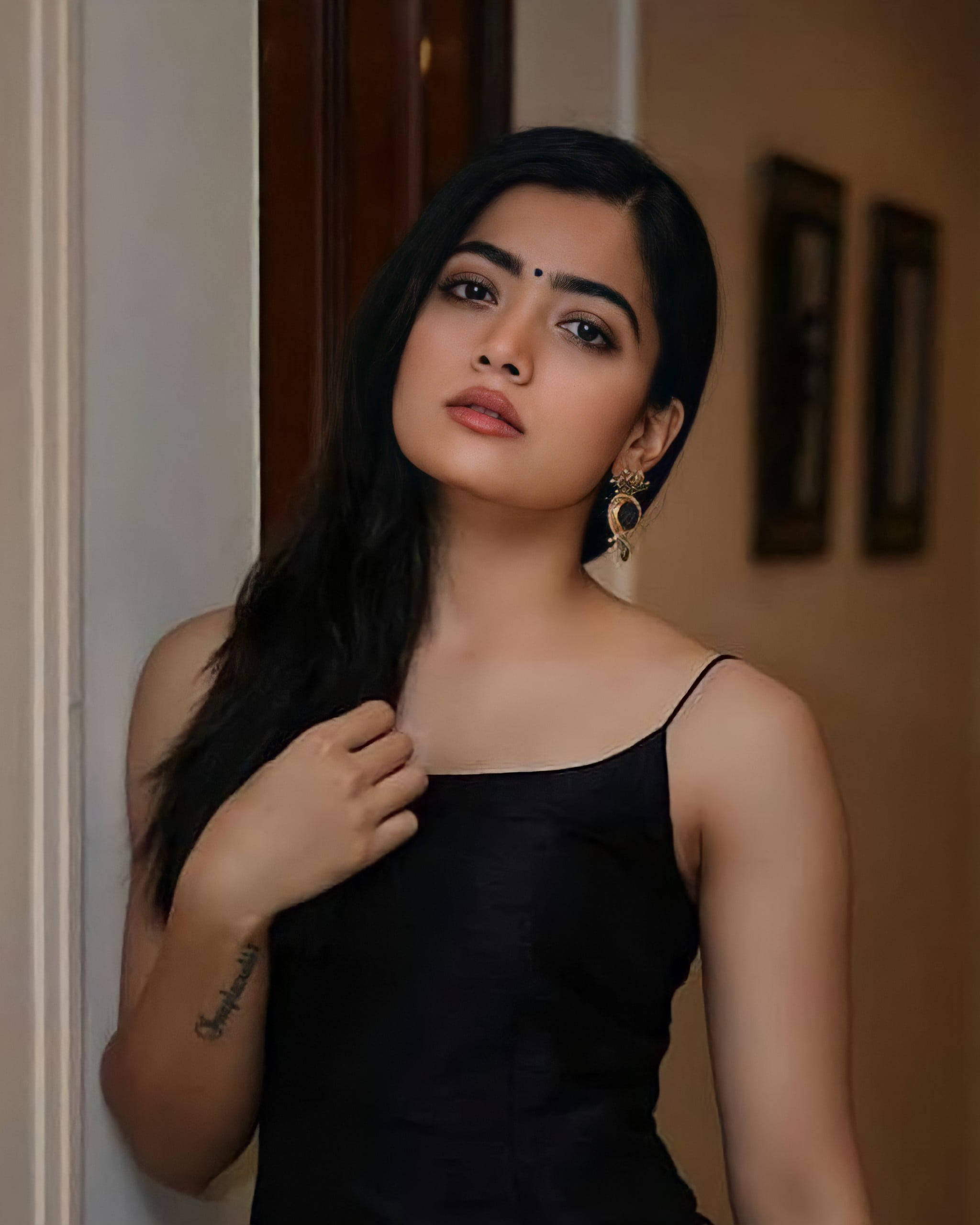 Rashmika Mandanna, black outfit, long dark hair, 2K Phone Wallpaper