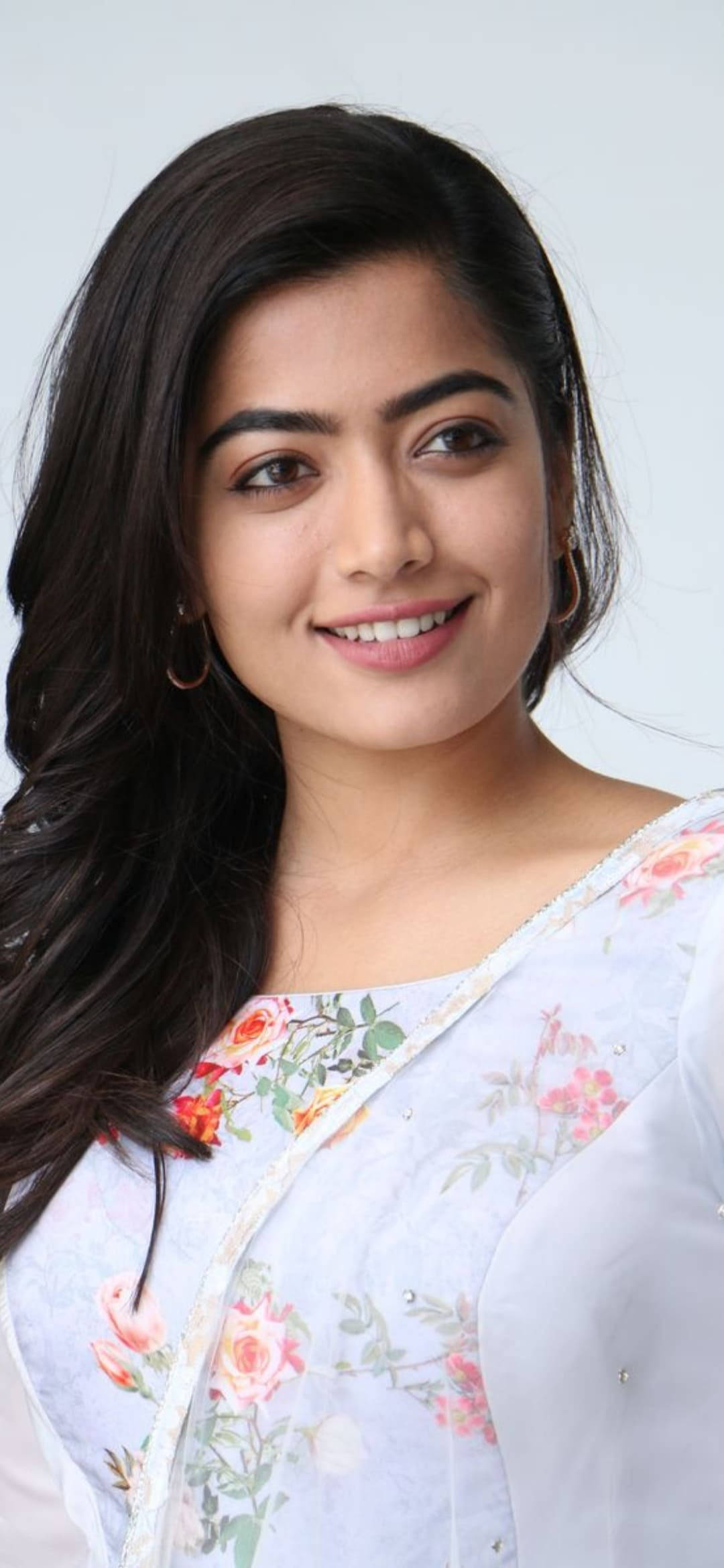 Rashmika Mandanna, white floral blouse, dark wavy hair, Full HD Phone Wallpaper