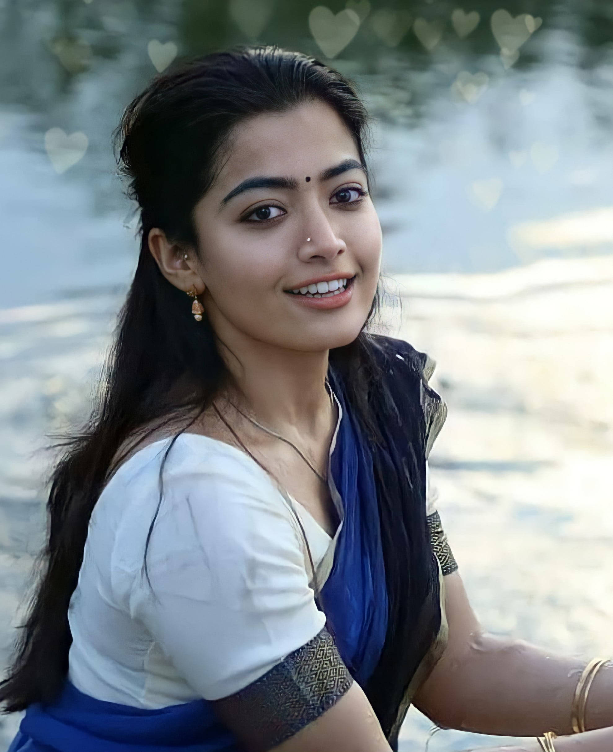 Rashmika Mandanna, nose piercing, traditional blue and white attire, Full HD Phone Wallpaper