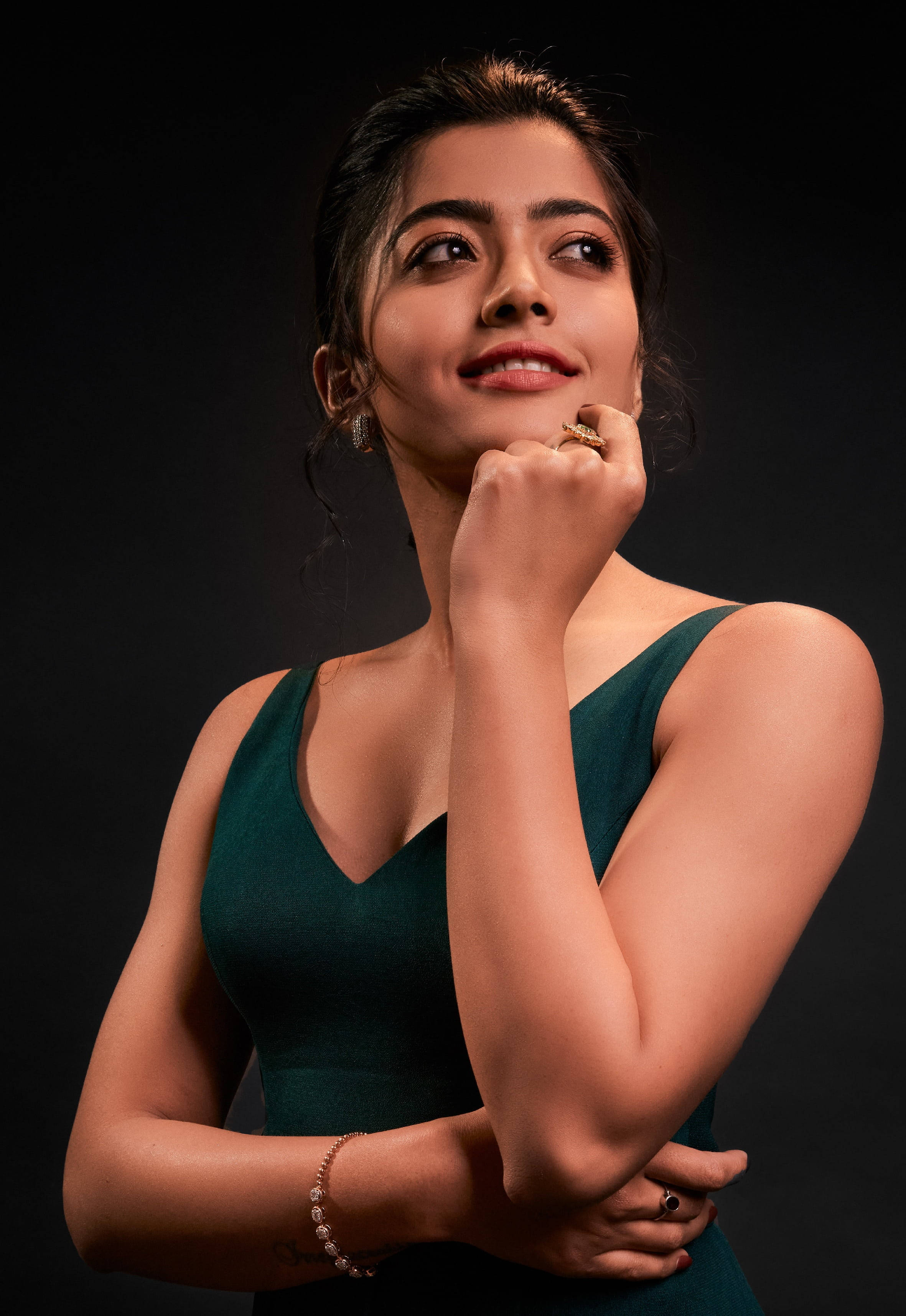Rashmika Mandanna, dark green dress, black background, 2K Phone Wallpaper