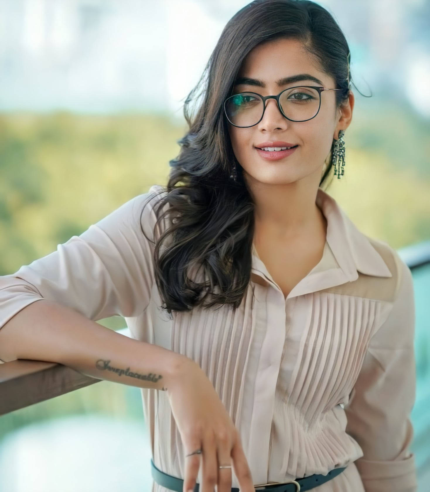 Rashmika Mandanna, HD Formal Dress, beige pleated blouse, HD Phone Wallpaper