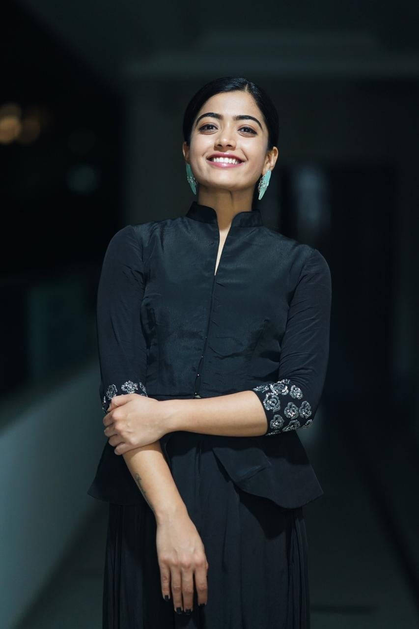 Rashmika Mandanna, black embroidered dress, turquoise earrings, HD Phone Wallpaper